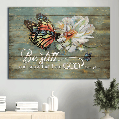 Jesus Landscape Canvas - Beautiful white flower, Colorful butterfly Landscape Canvas - Gift For Christian - Be still and know that I am God
