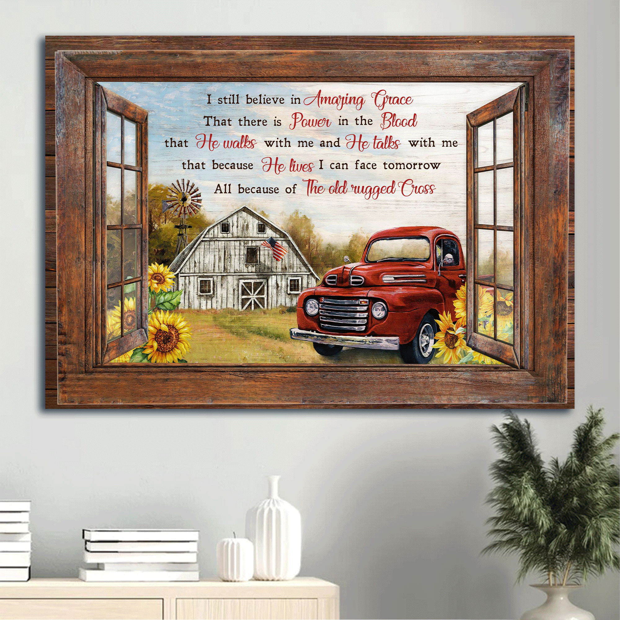 Jesus Landscape Canvas - Sunflower Farm, Red Ladybug Car, Vintage House, Window Frame Canvas - Gift For Christian - I Still Believe In Amazing Grace Canvas