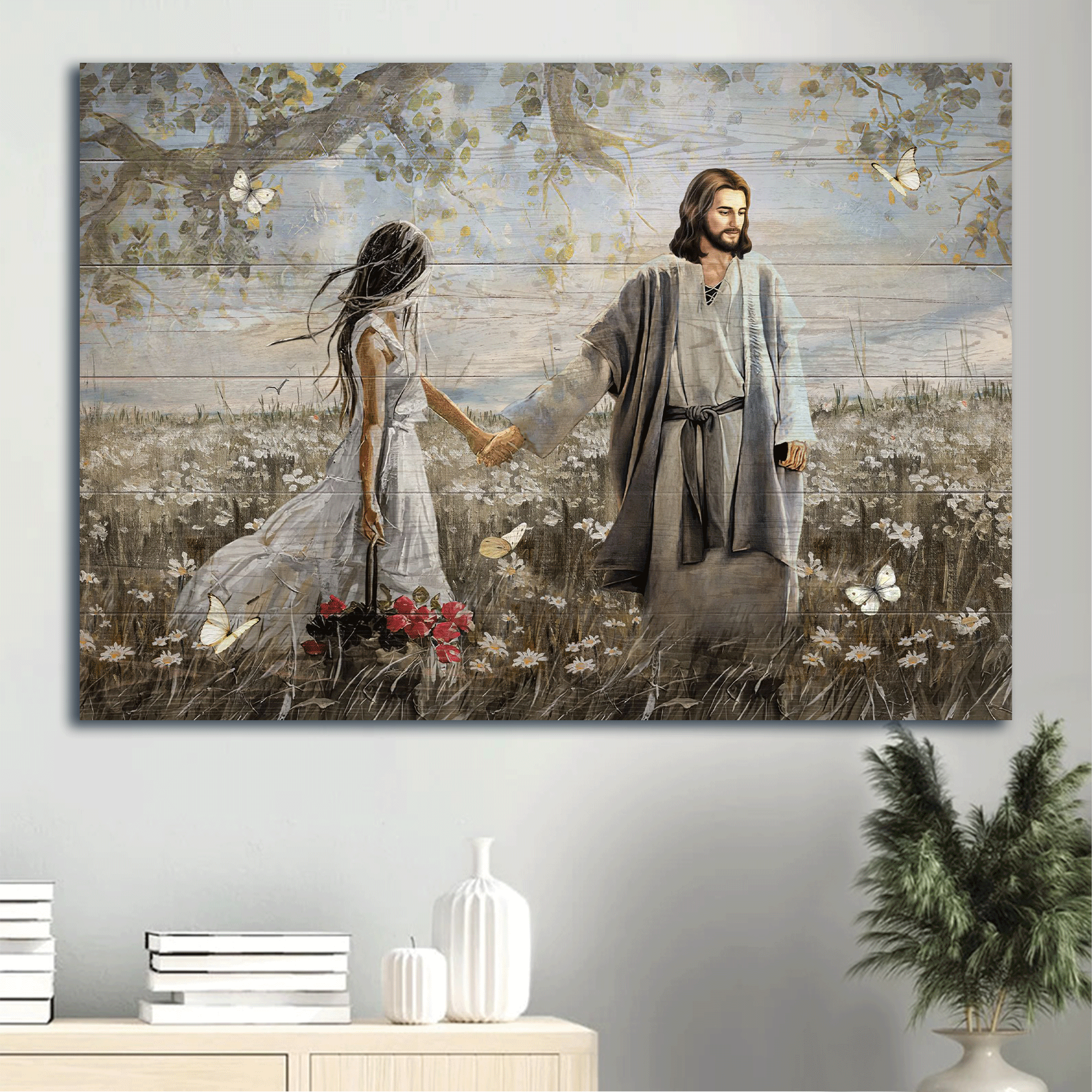 Jesus Landscape Canvas- Daisy field, Pretty girl, Rose vase, Walking with Jesus, White butterfly canvas- Gift for Christian