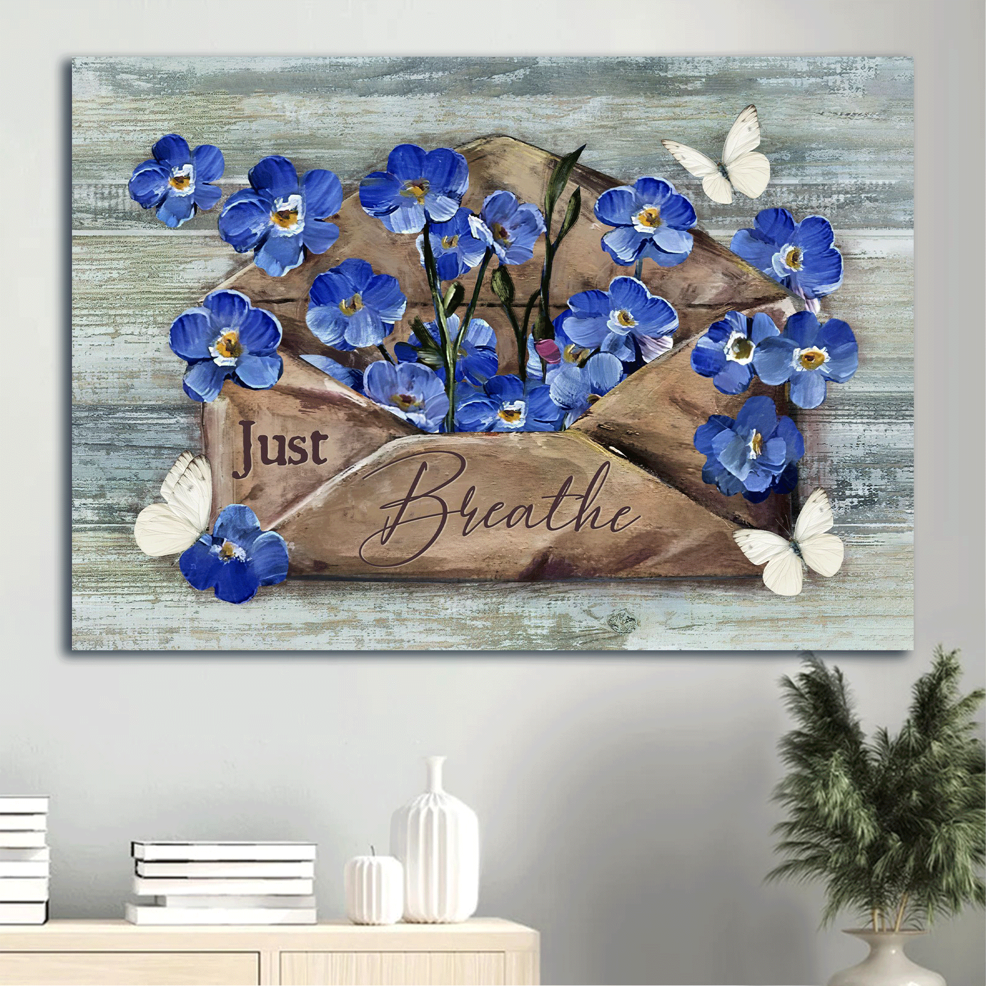 Jesus Landscape Canvas- Blue flower, White butterfly, Abstract painting, Vintage letter, Just breathe canvas- Gift for Christian - Landscape Canvas Prints, Wall Art