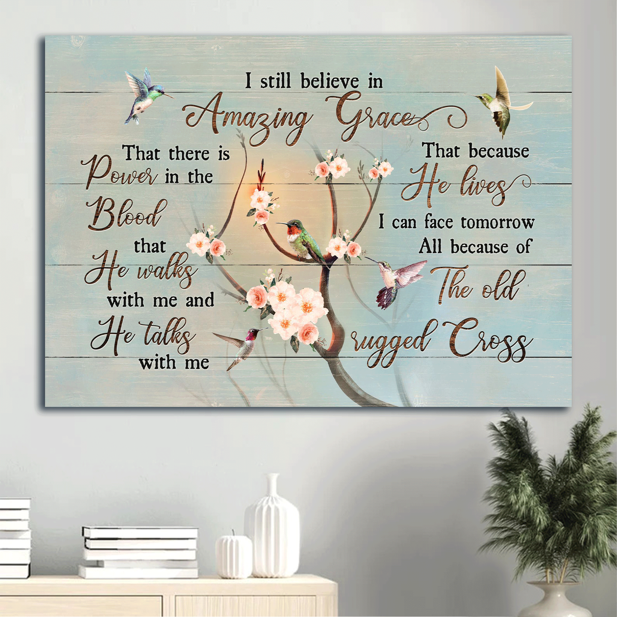 Jesus Landscape Canvas- Apricot blossom, Hummingbird - Gift for Christian- I still believe in amazing grace - Landscape Canvas Prints, Wall Art