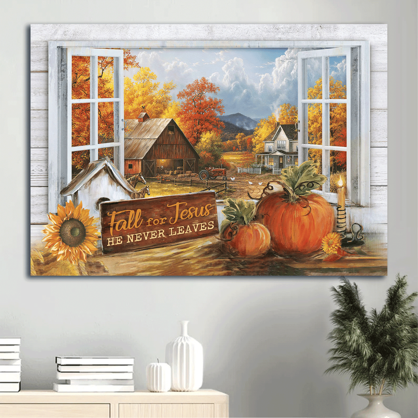 Jesus Landscape Canvas- Autumn Painting, Pumpkin, Halloween Artwork, Farmhouse Canvas- Gift For Christian- Fall For Jesus