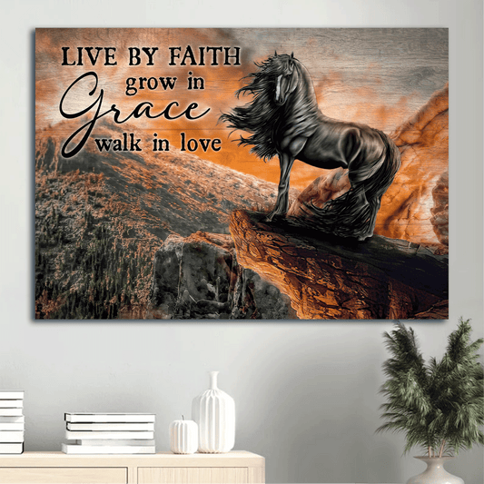 Jesus Landscape Canvas- Black horse, Amazing volcano canvas- Gift for Christian- Live by faith, Grow in grace, Walk in love - Landscape Canvas Prints, Christian Wall Art