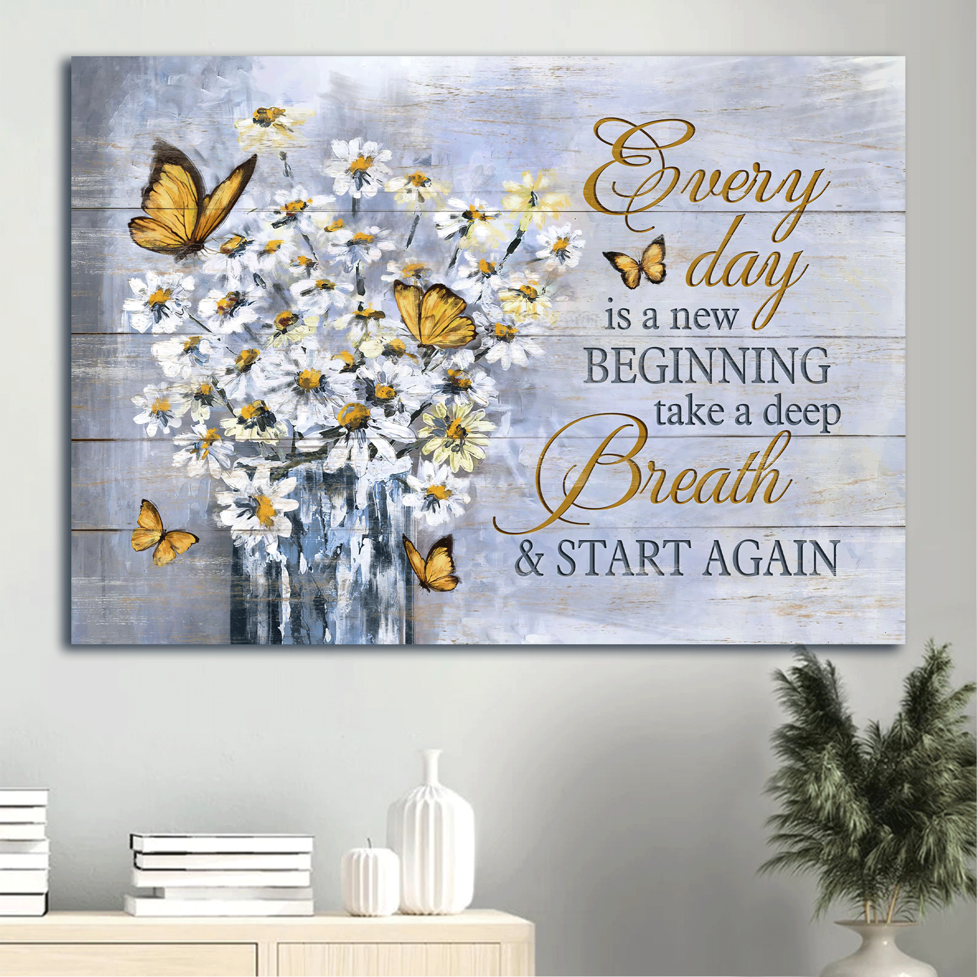 Jesus Landscape Canvas- Abstract Art, White Daisy Painting, Yellow Butterfly Landscape Canvas- Gift For Religious Christian- Every Day Is A New Beginning