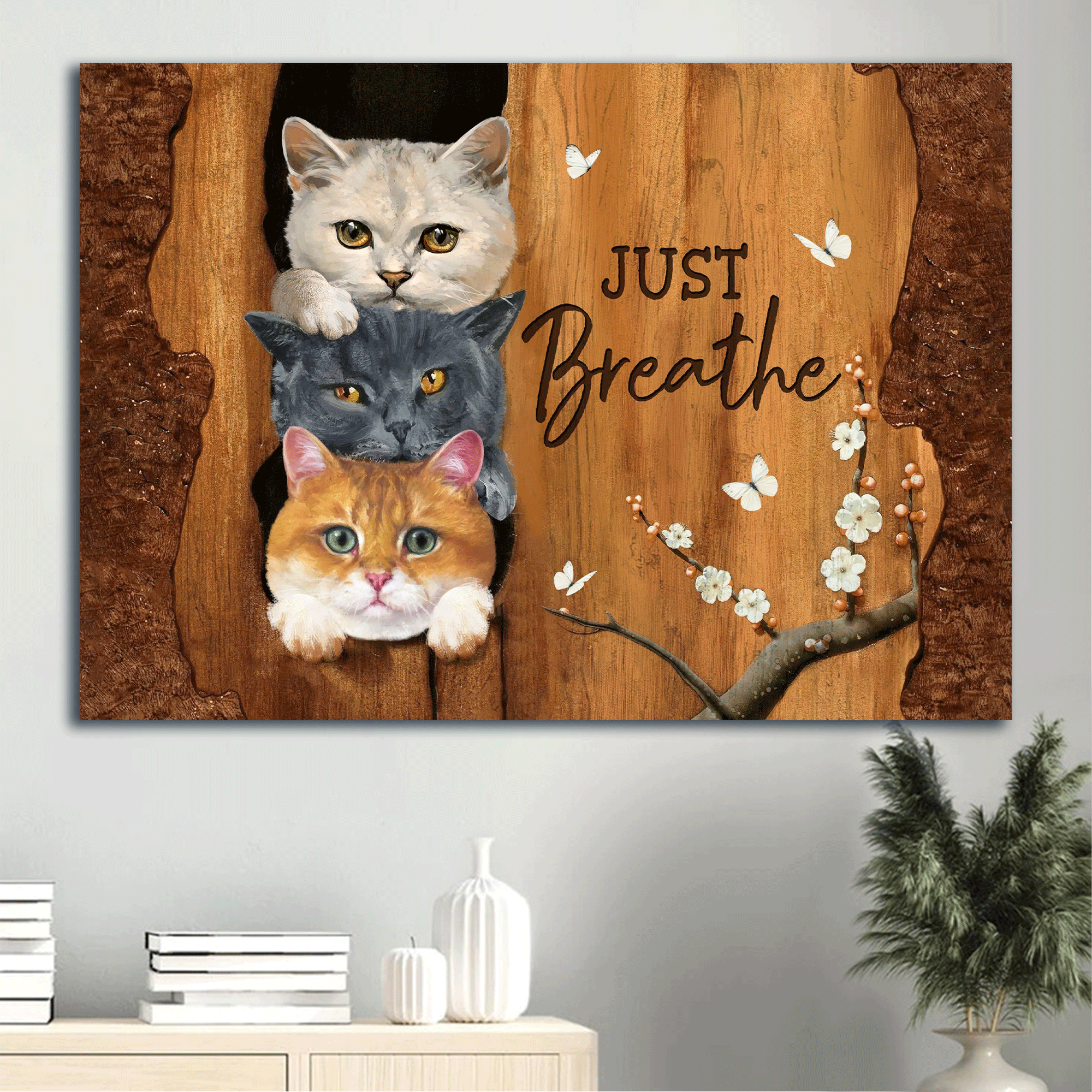 Jesus Landscape Canvas - Little cat artwork, Wooden background, White flower Landscape Canvas - Gift For Christian - Just breathe Landscape Canvas