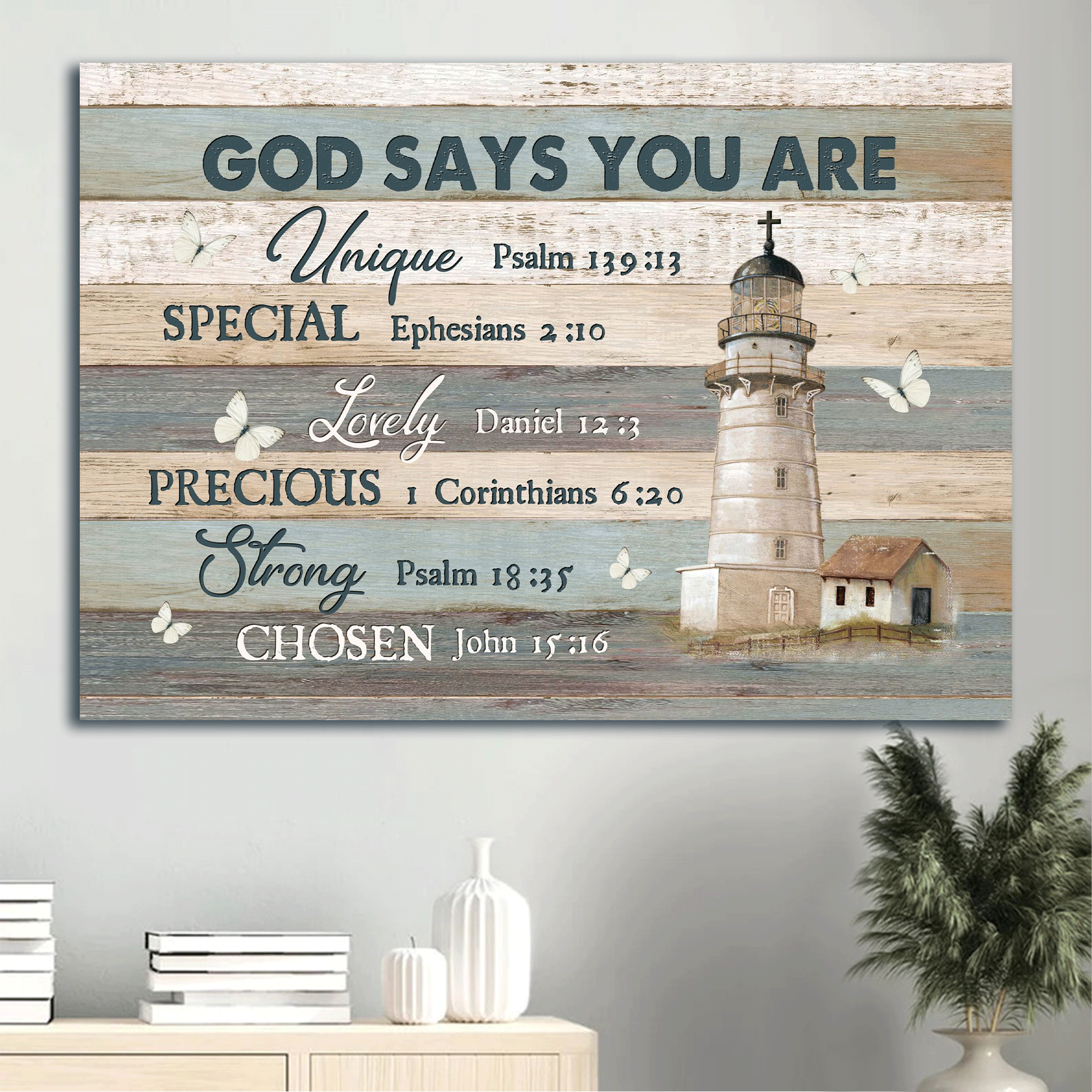 Jesus Landscape Canvas - Light house, Flying butterfly, Wood plank texture Canvas - Gift For Christian - God says you are unique Landscape Canvas