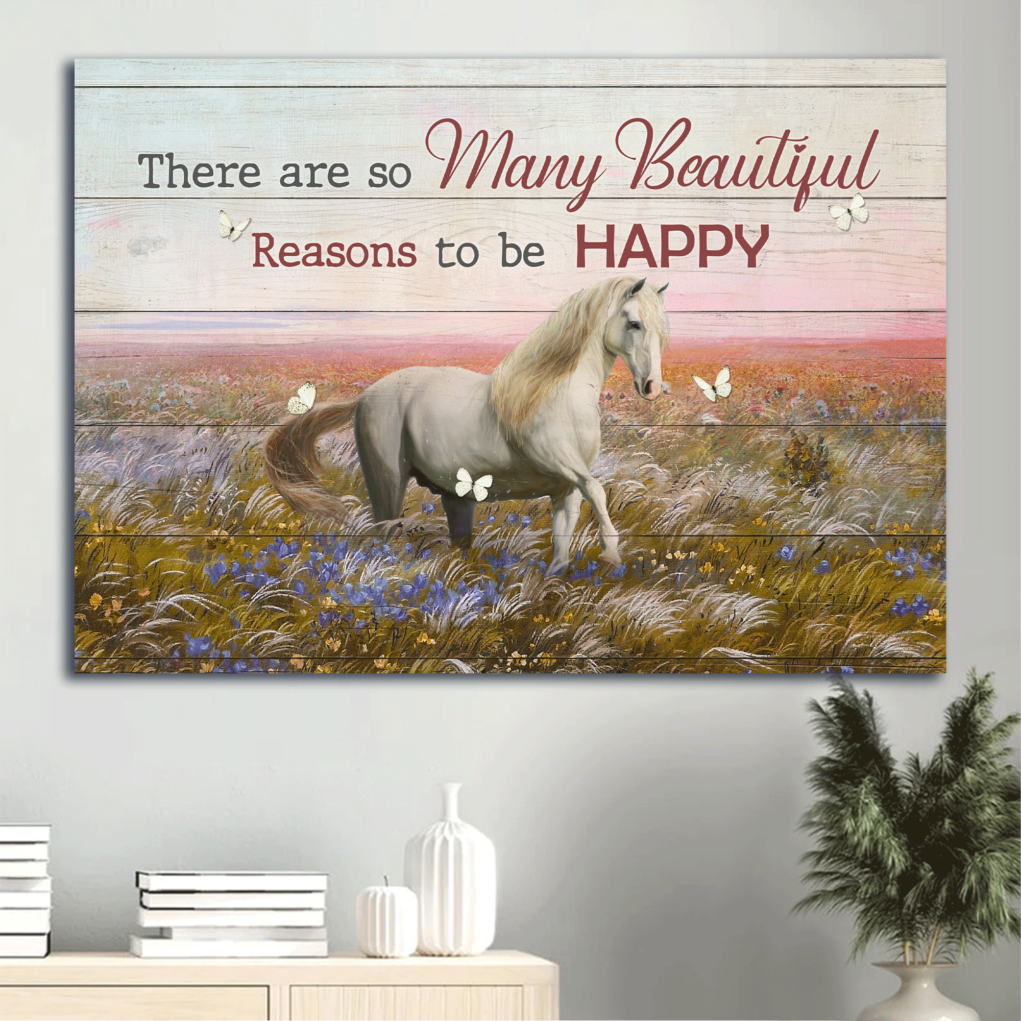 Jesus Landscape Canvas- Beautiful Flower Field, White Horse, White Butterfly Canvas- Gift For Christian- There Are So Many Beautiful Reasons To Be Happy