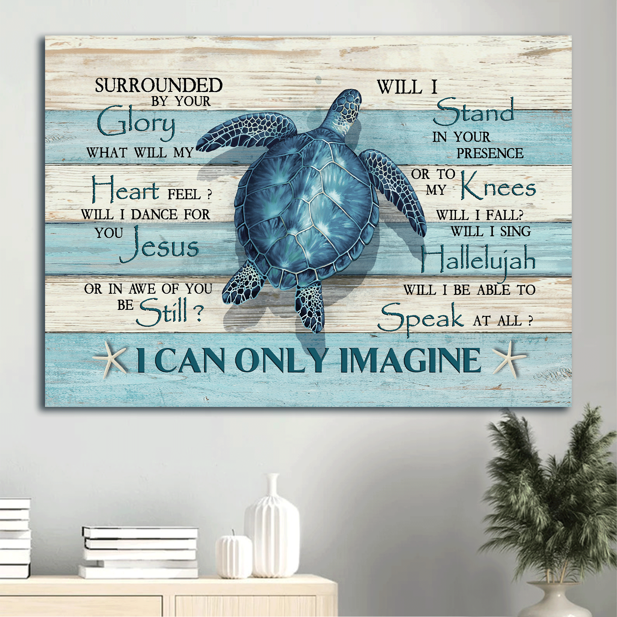 Jesus Landscape Canvas- Blue Sea Turtle, Star fish, Blue and white background- Gift for Christian- I can only imagine - Landscape Canvas Prints, Christian Wall Art