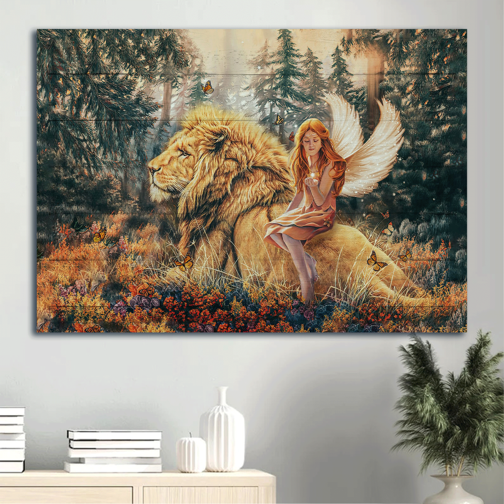 Jesus Landscape Canvas- Beautiful Fairy, Lion Of Judah, Autumn Forest Canvas- Gift For Christian