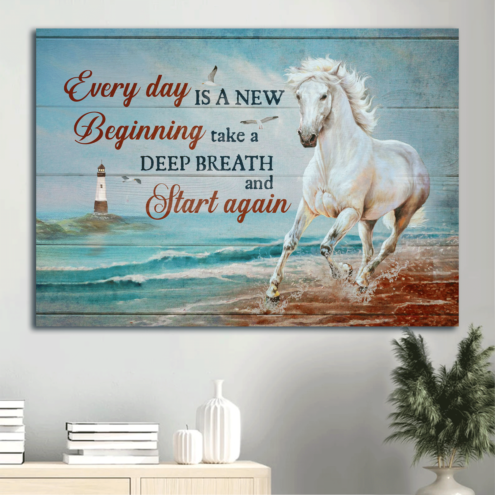 Jesus Landscape Canvas- Blue ocean, Running horse, Lighthouse canvas- Gift for Christian- Every day is a new beginning - Landscape Canvas Prints, Christian Wall Art