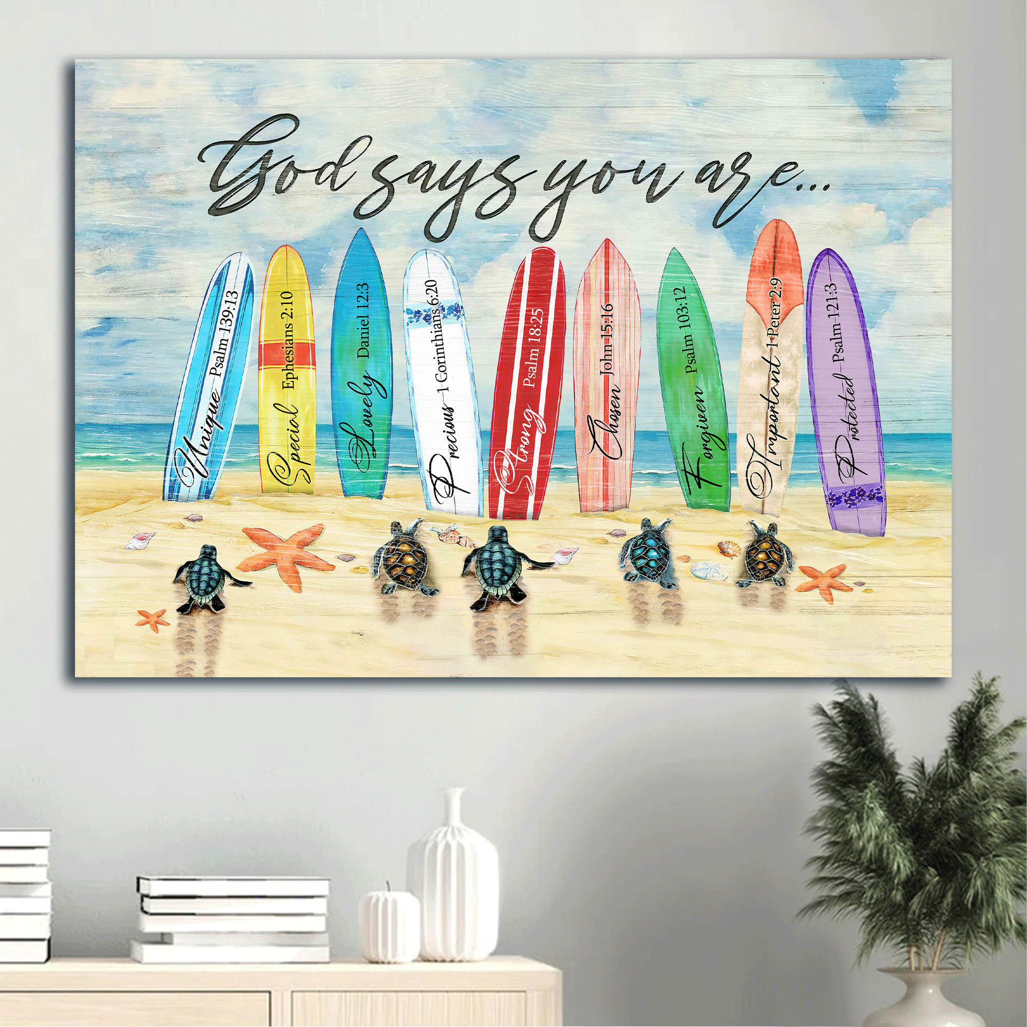 Jesus Landscape Canvas - Turtle, On The Beach, Surfboard Canvas - Gift For Christian - God Says You Are Canvas