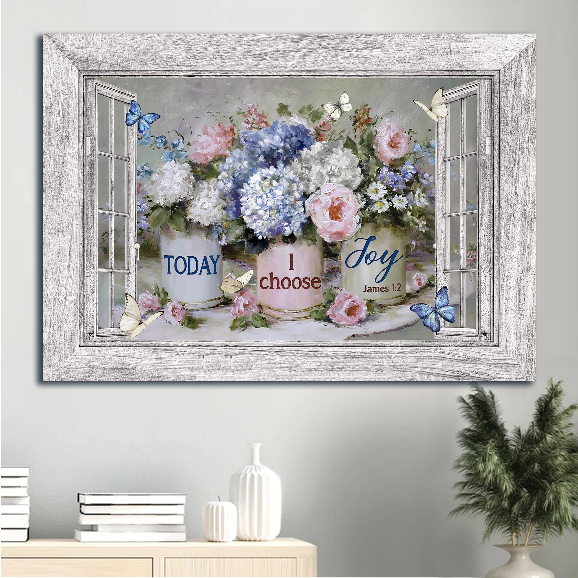 Jesus Landscape Canvas - Blue hydrangea, Pink peony, Colorful flowers Landscape Canvas - Gift For Christian - Today I choose joy Landscape Canvas