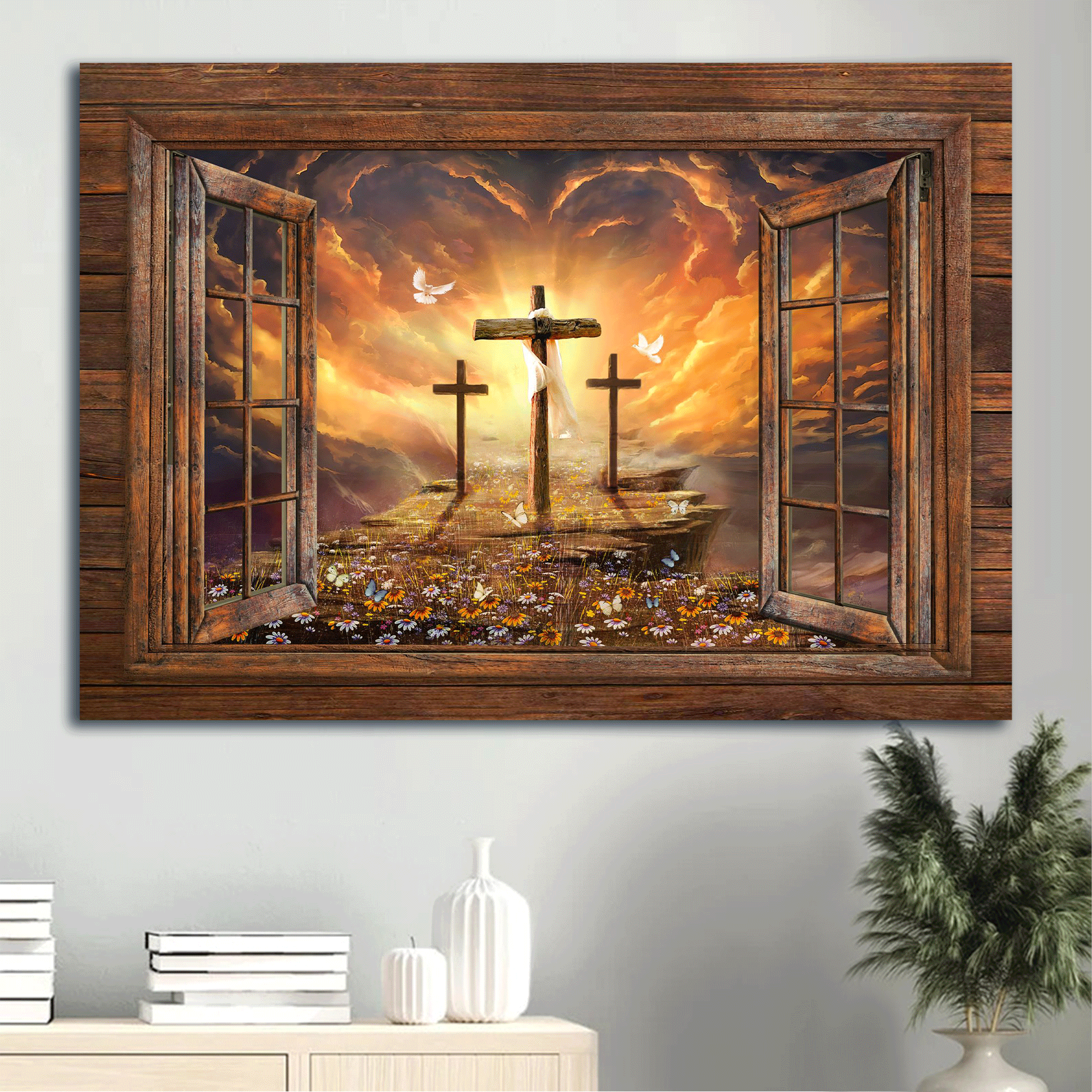 Jesus Landscape Canvas - Window Frame, Sunset Painting, Path To Heaven, The Three Crosses Canvas - Gift For Christian