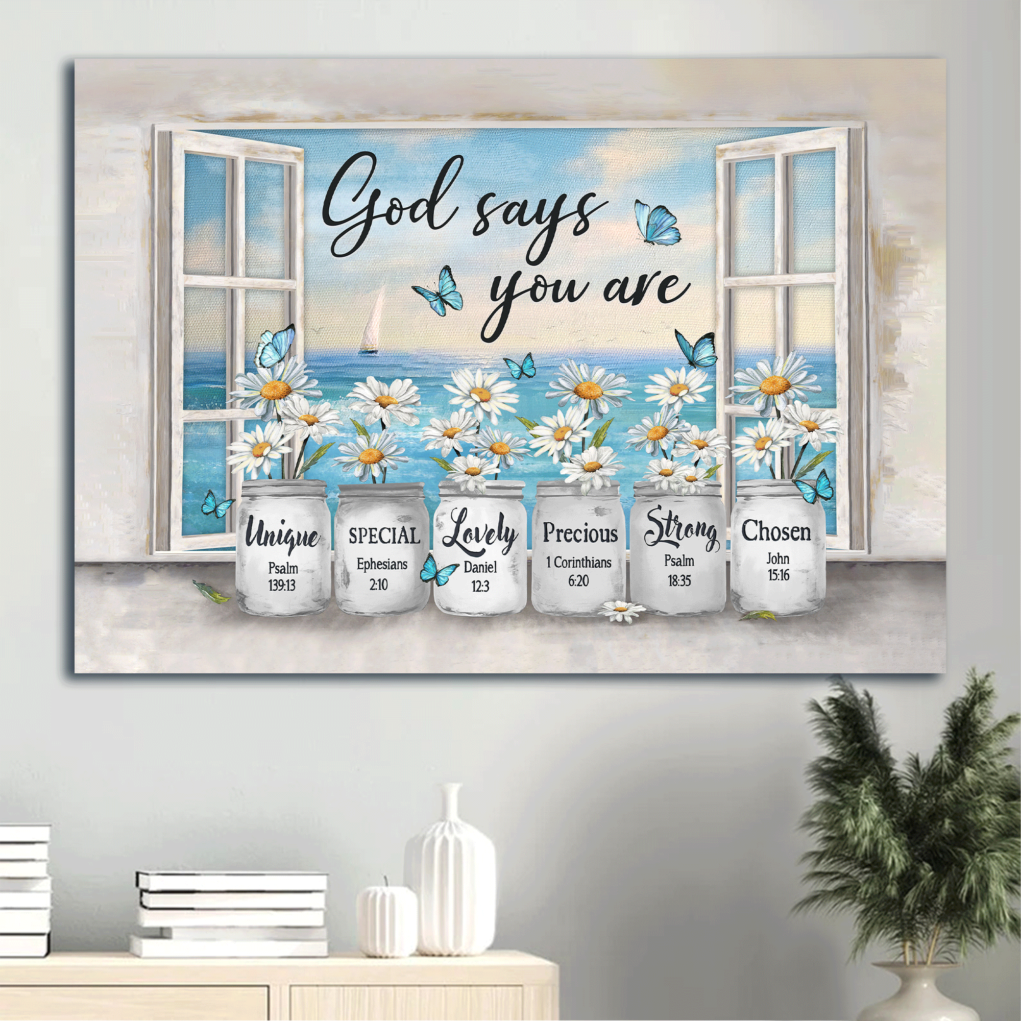 Jesus Landscape canvas- Daisy flower, Window frame, Sea painting, Blue butterfly canvas- Gift for Christian- God says you are