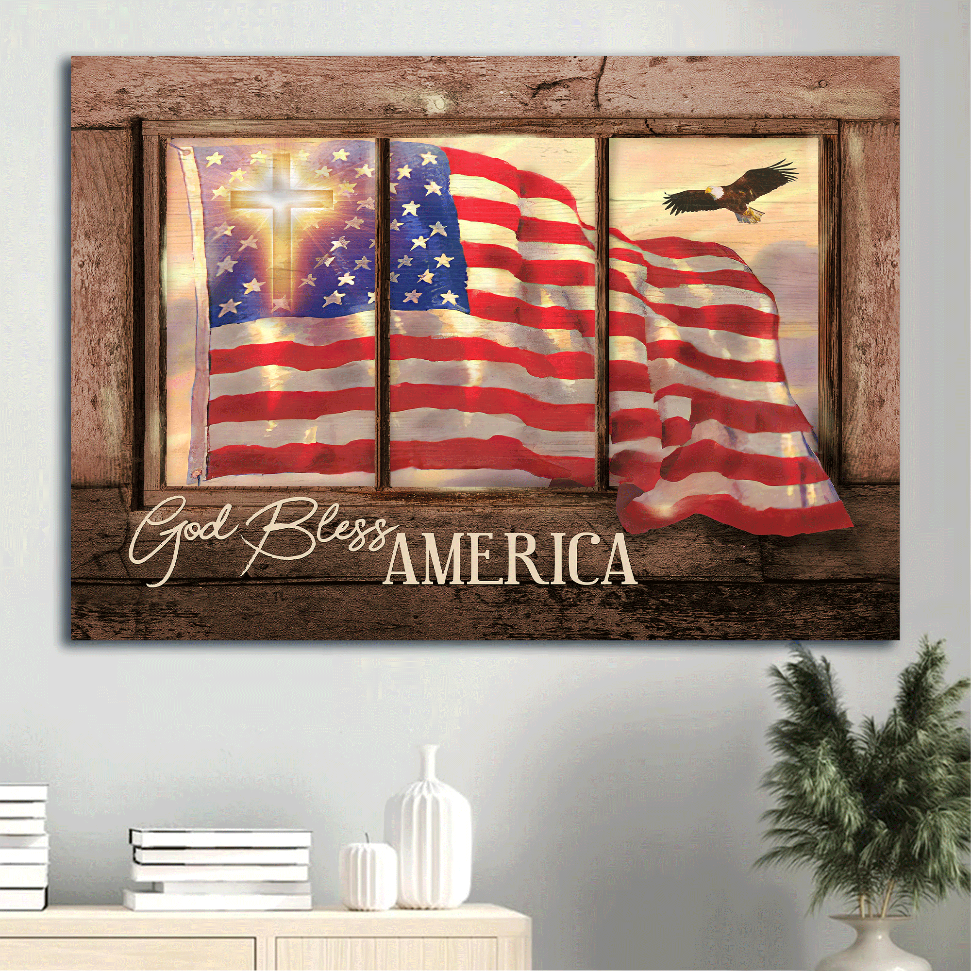 Jesus Landscape Canvas - Beautiful US flag, Cross symbol, Vintage window Landscape Canvas - Gift For Christian - God bless America