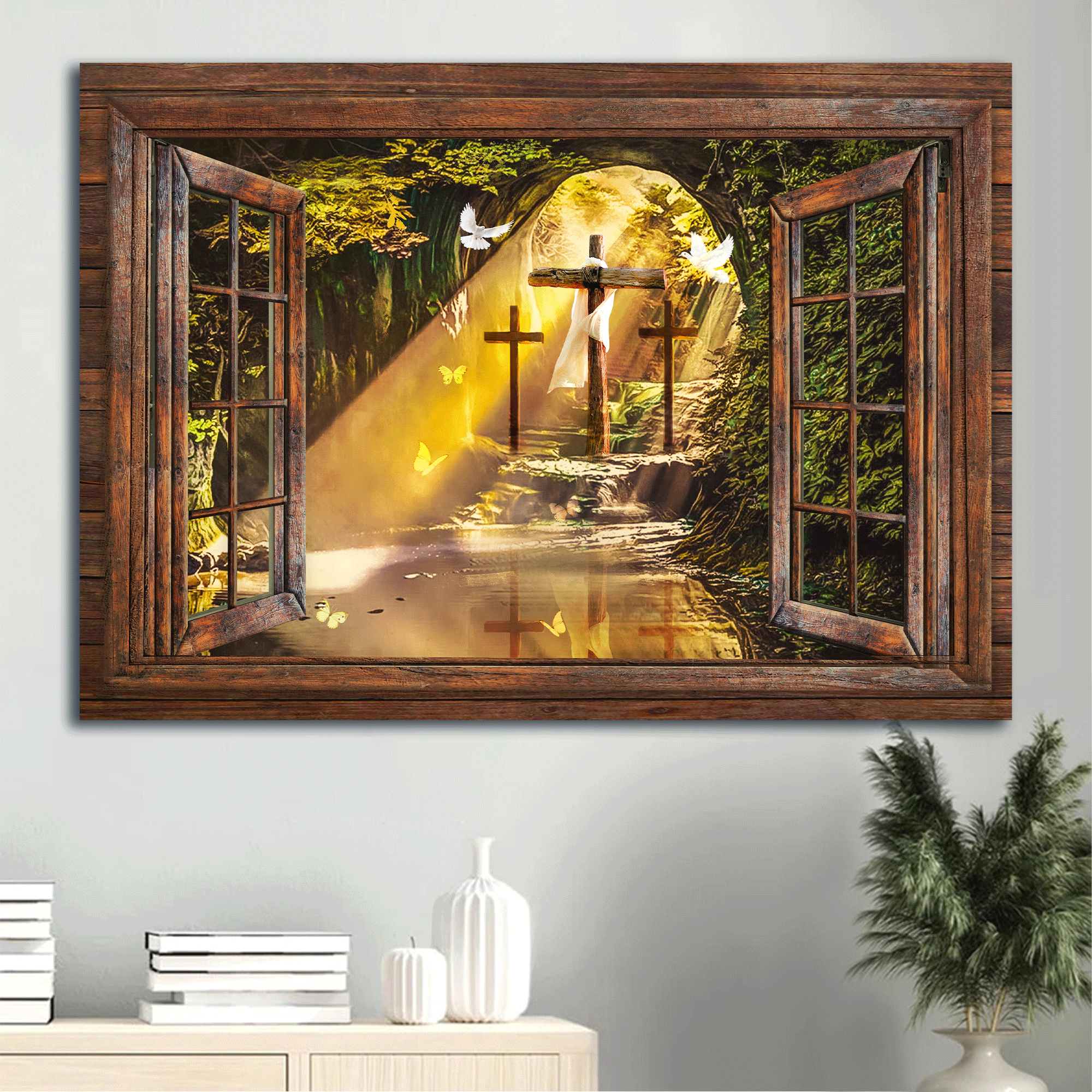 Jesus Landscape Canvas - Beautiful Cave, Window Frame Landscape Canvas - Gift For Christian - The Stunning Morning Sunlight