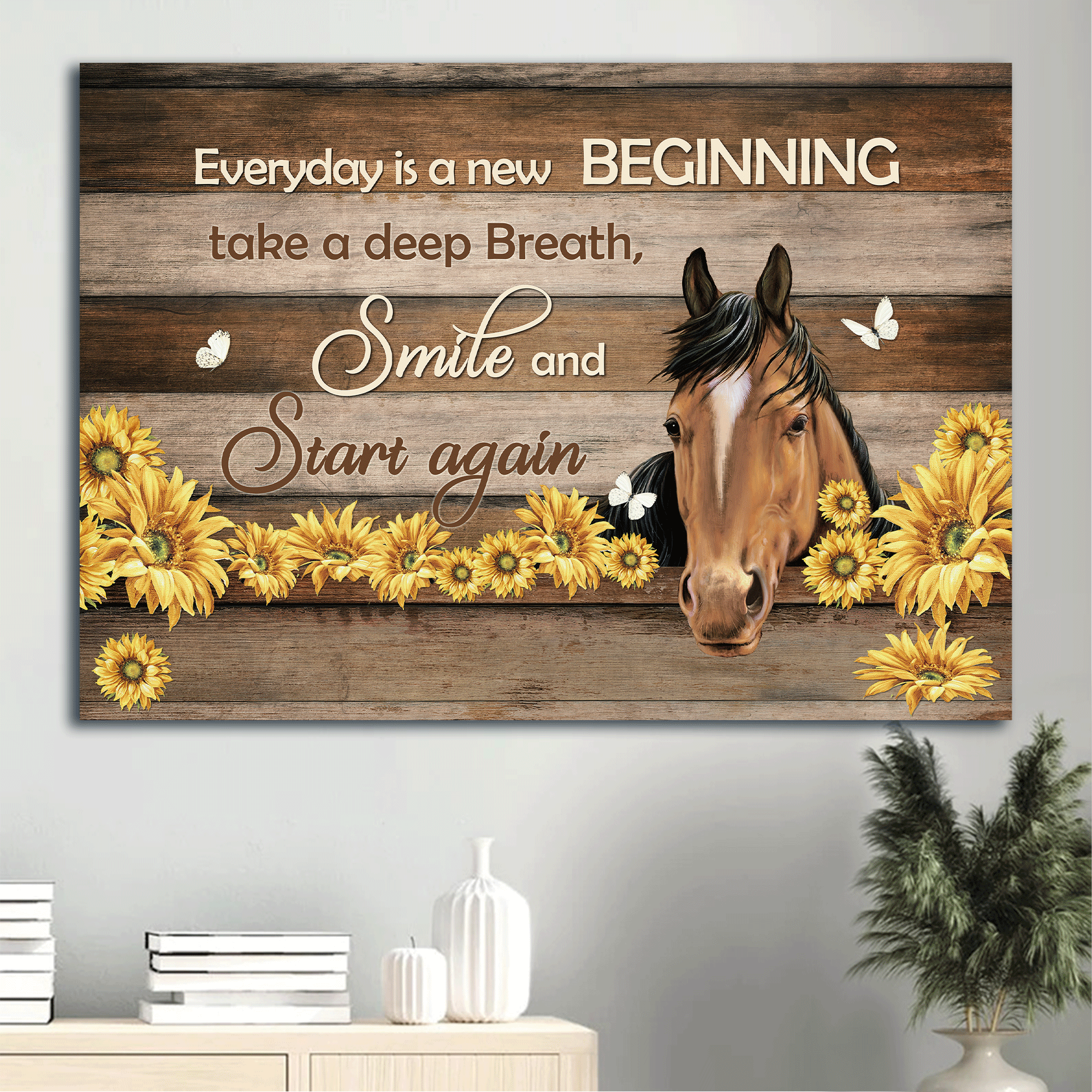 Jesus Landscape Canvas - Horse, Butterfly, Sunflower Landscape Canvas - Gift For Christian -  Everyday is a new beginning Landscape Canvas