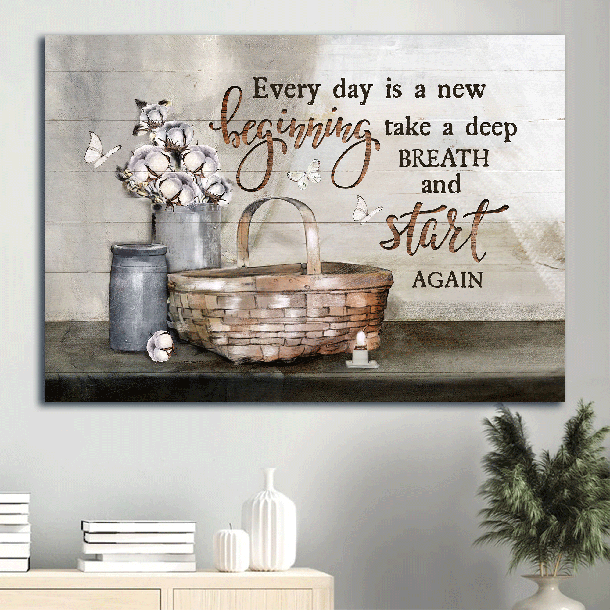 Jesus Landscape Canvas - Little basket, Cotton Flower, Butterfly Landscape Canvas - Gift For Christian - Every day is a new beginning Landscape Canvas