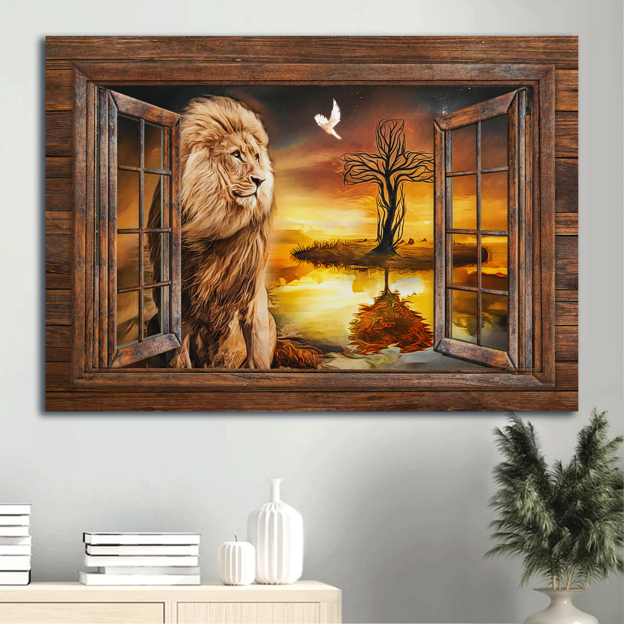 Jesus Landscape Canvas - Lion of Judah, The beautiful sunset, Window frame, Lion and the dove Landscape Canvas - Gift For Christian Landscape Canvas