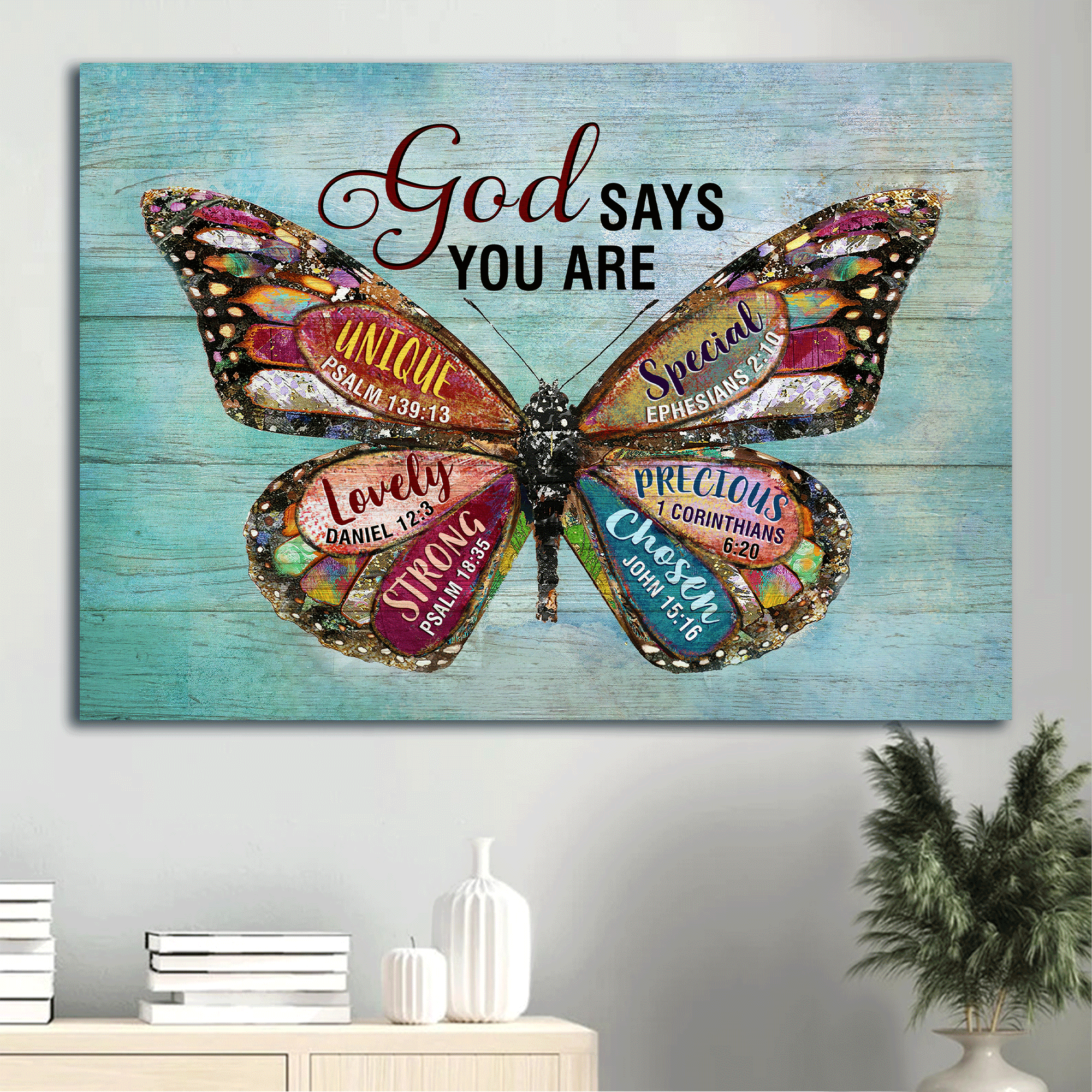 Jesus Landscape Canvas - Colorful Butterfly, Light Blue Background, Blue Sky Landscape Canvas - Gift For Christian - God Says You Are Landscape Canvas