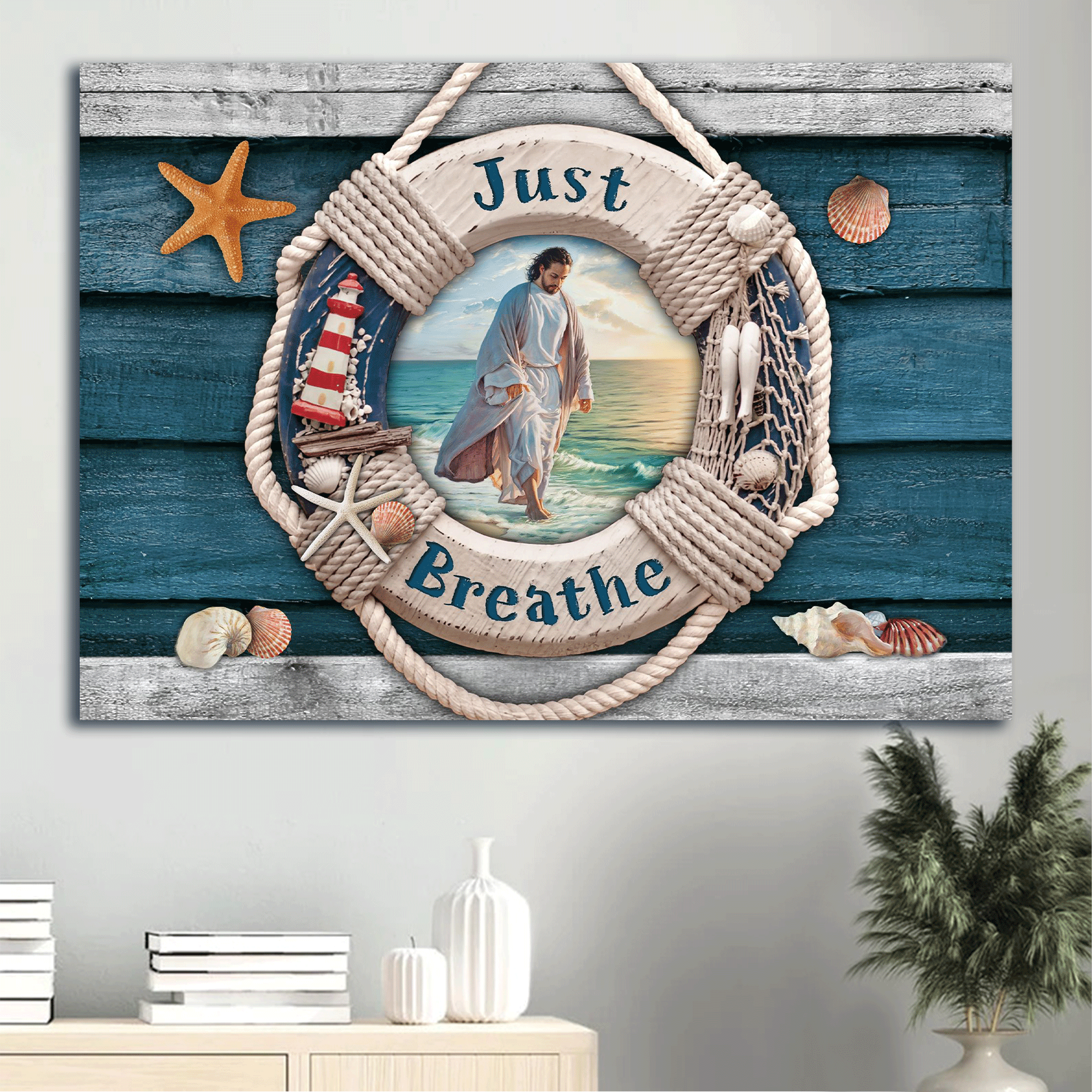 Jesus Landscape Canvas - Summer Vibe, Jesus Walking On Water, Ocean Painting Canvas - Gift For Christian - Just Breathe Canvas