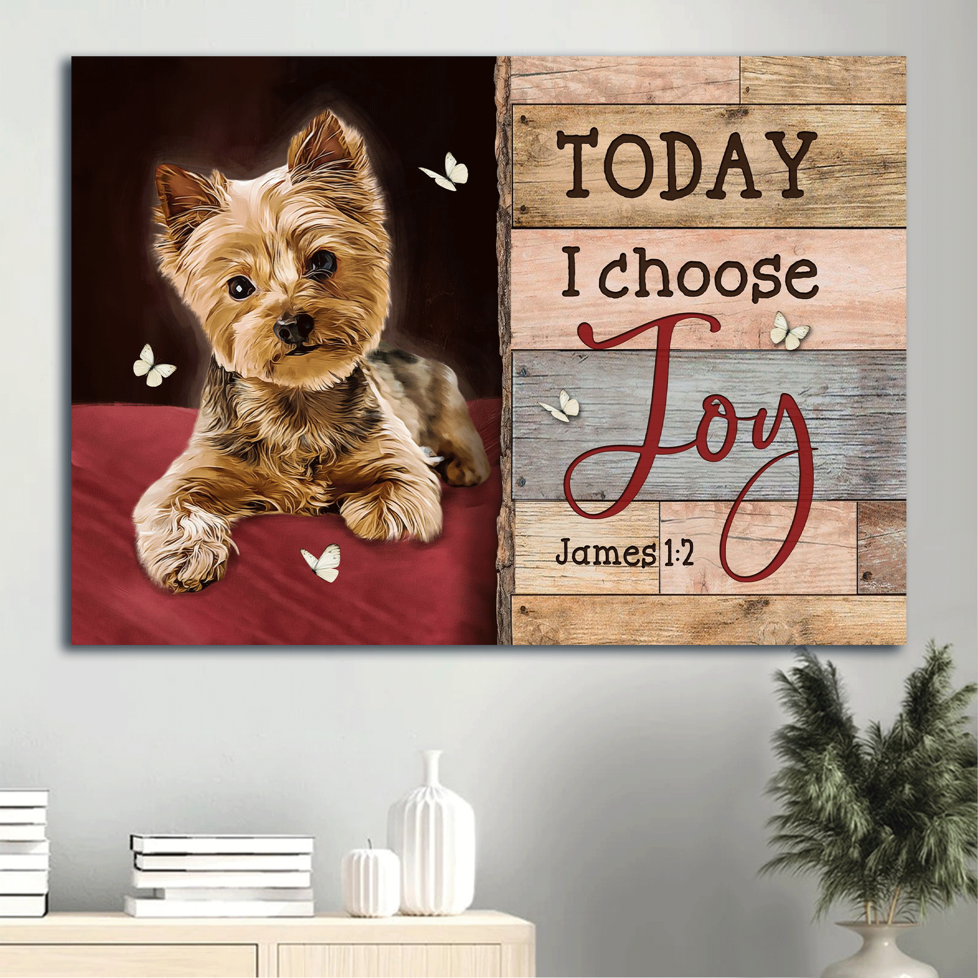 Jesus Landscape Canvas - Little Yorkshire Terrier, Gift for dog lover, White butterfly Landscape Canvas - Gift For Christian - Today I choose joy Landscape Canvas