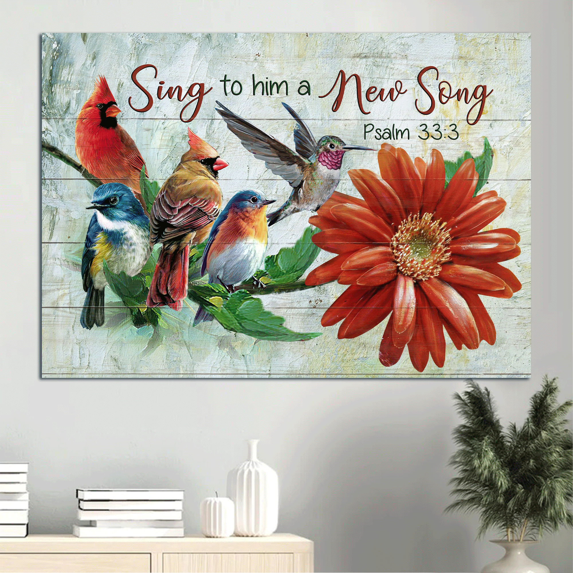 Jesus Landscape Canvas - Beautiful birds, Colorful birds, Red flower Landscape Canvas - Gift For Christian - Sing to him a new song