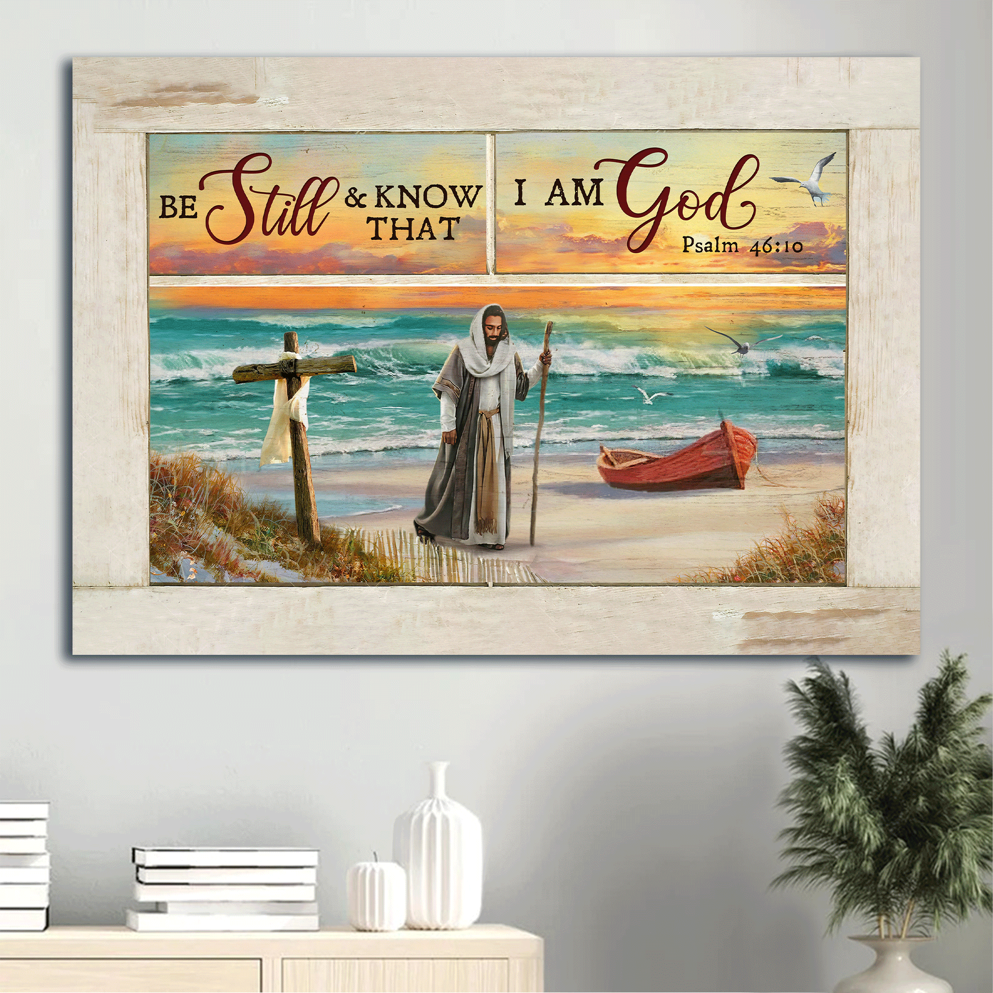 Jesus Landscape Canvas - Jesus walking, Blue beach, Wooden boat, Beautiful sunset Canvas - Gift For Christian - Be still and know that I am God Canvas