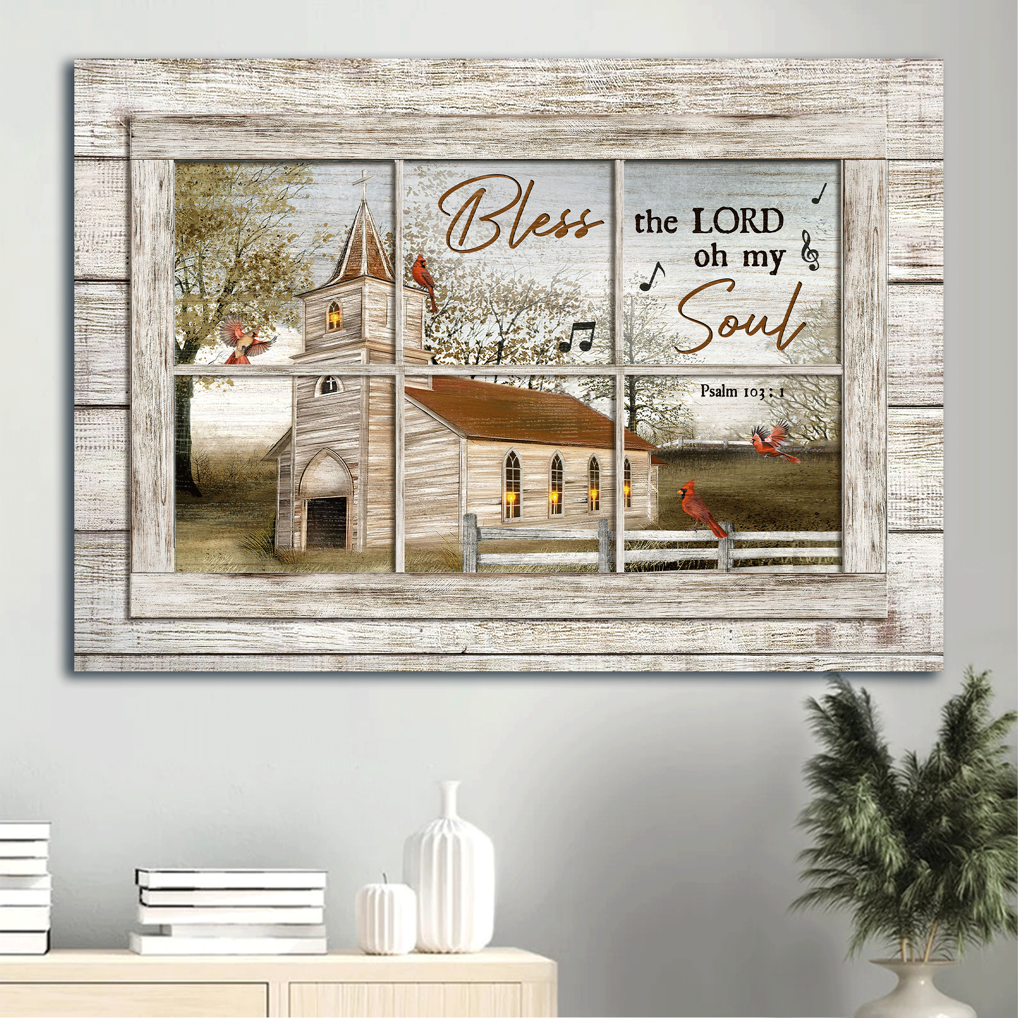 Jesus Landscape Canvas -Beautiful church, Red cardinals, Green trees Landscape Canvas - Gift For Christian - Bless the lord