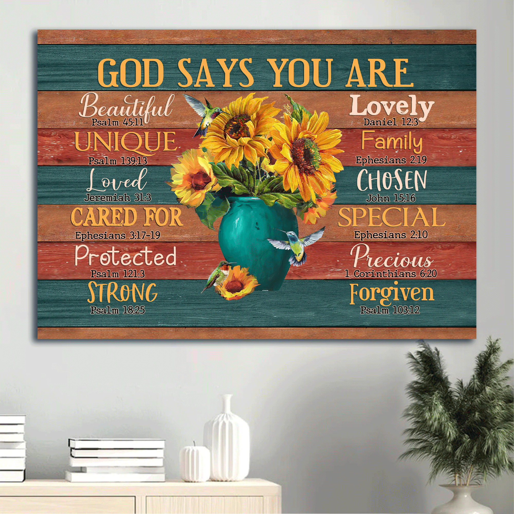 Jesus Landscape Canvas - Sunflower Painting, Blue Vase, Colorful Hummingbird Canvas - Gift For Christian - God Says You Are Special Canvas