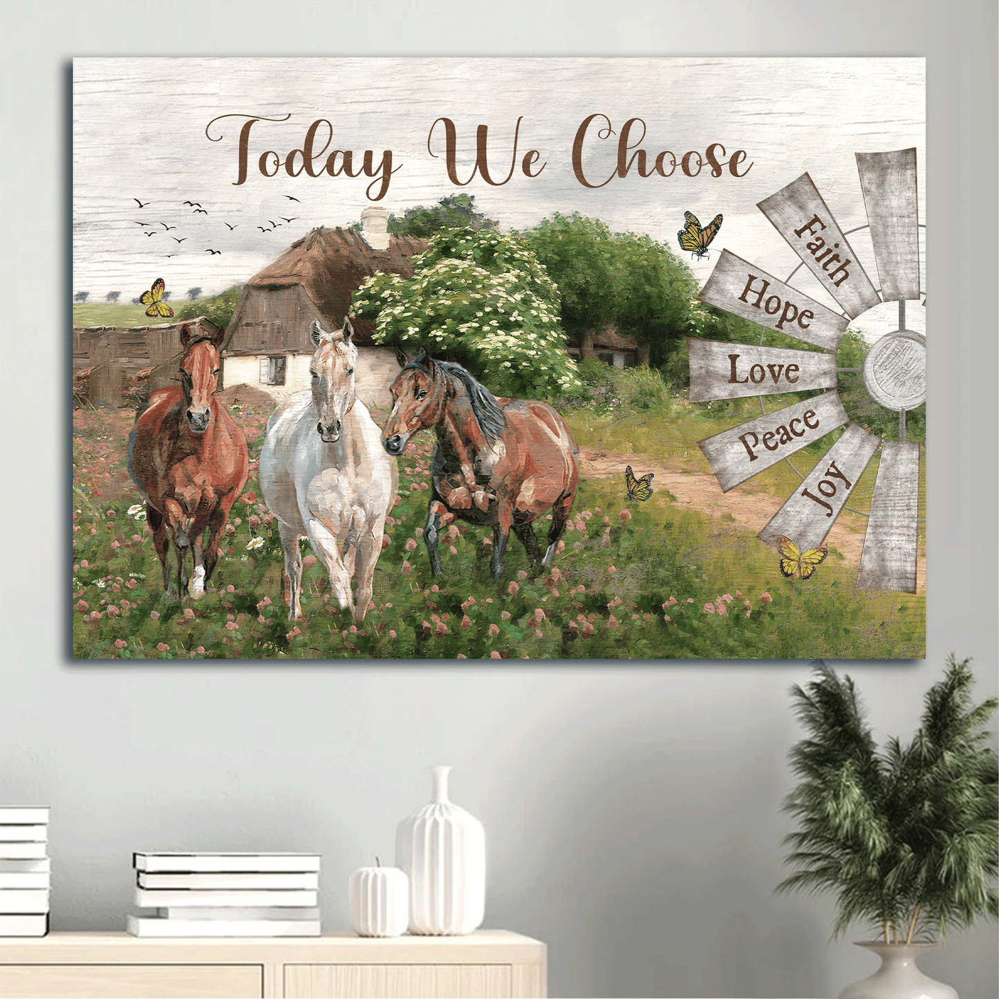 Jesus Landscape Canvas - Beautiful countryside, Dream horses, Windmill Landscape Canvas - Gift For Christian - Today we choose joy