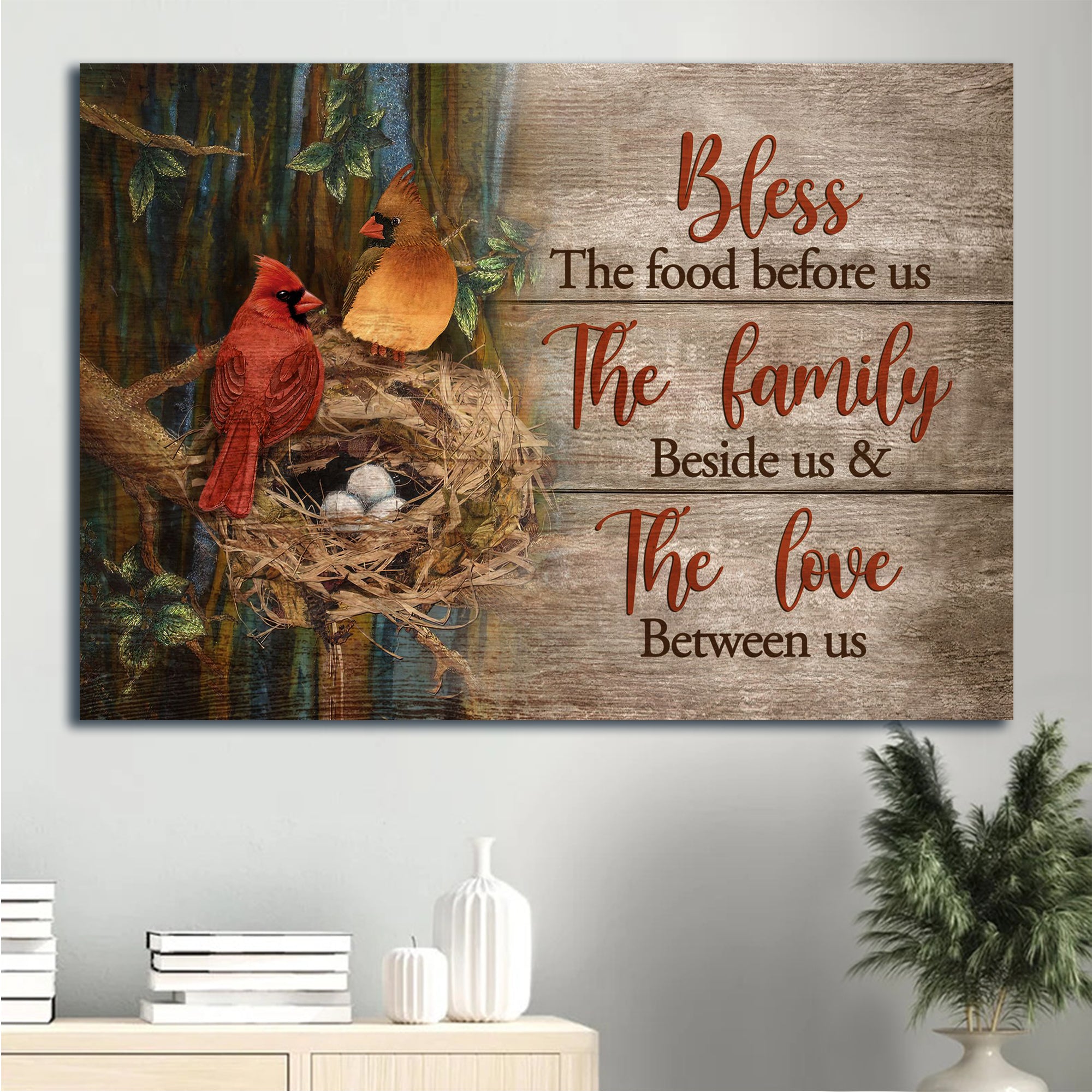 Jesus Landscape Canvas - Cardinal Couple. Bird Nest, In The Forest Landscape Canvas - Gift For Christian - Bless The Food Before Us Landscape Canvas