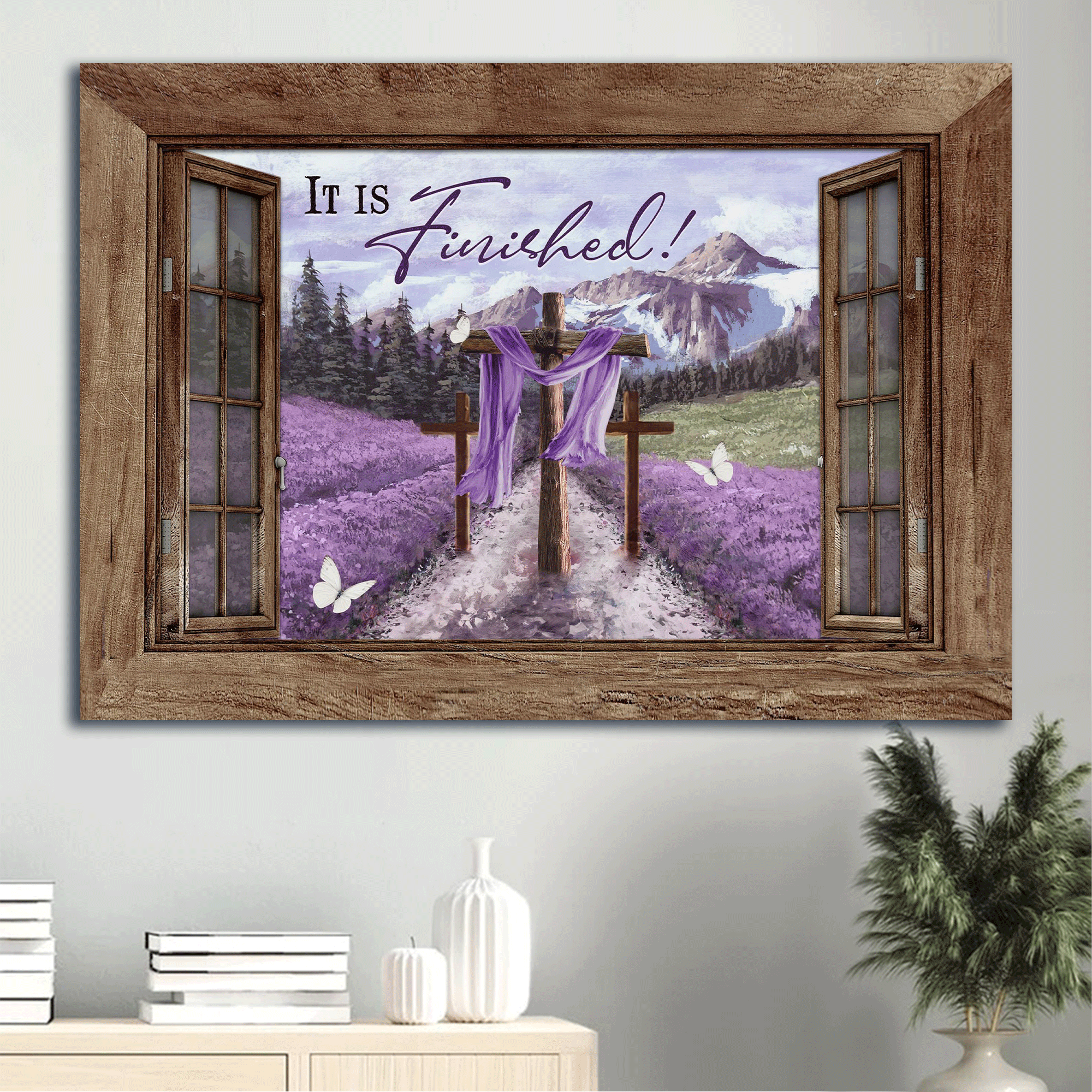 Jesus Landscape Canvas - Lavender field, Beautiful forest, Cross drawing Canvas - Gift For Christian - It is finished Landscape Canvas