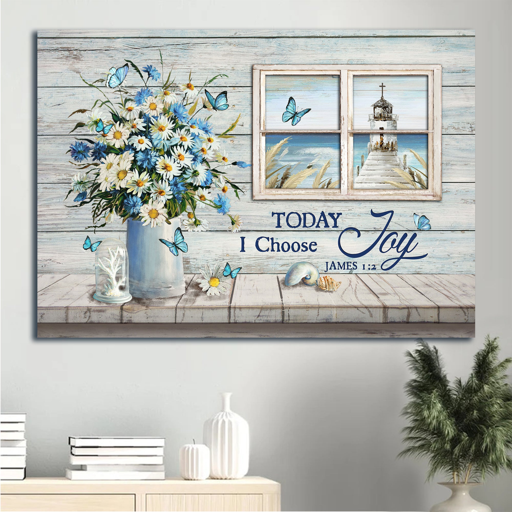 Jesus Landscape Canvas - Church By The Sea, Church Through Rustic Window, Window Frame, Blue Butterfly, Daisy Flower Landscape Canvas - Gift For Christian - Today I Choose Joy