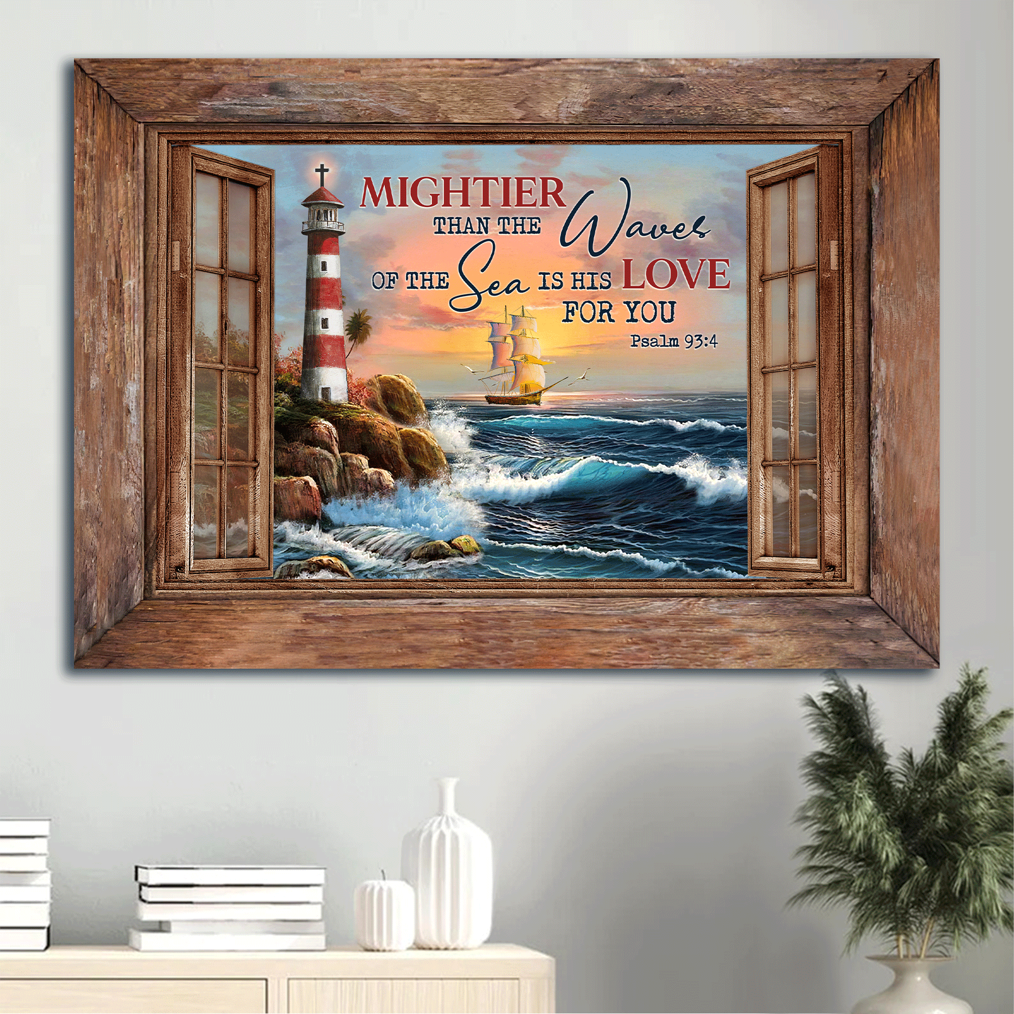 Jesus Landscape Canvas - Ocean landscape, Lighthouse drawing, The ship on board Landscape Canvas - Gift For Christian - Mightier than the waves of the sea is his love for you