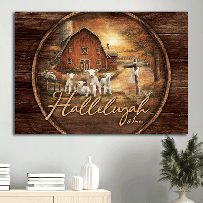 Jesus Landscape Canvas- Barn House Painting, Sunset On The Farm, Farmhouse Landscape Canvas- Gift For Christian- Hallelujah