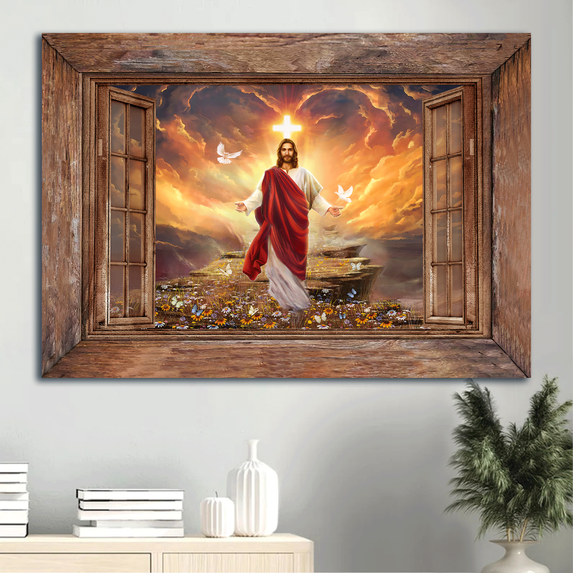 Jesus Landscape Canvas - Window frame, Sunset painting, Path to heaven, Jesus painting Canvas - Gift For Christian - Into the arms of Jesus