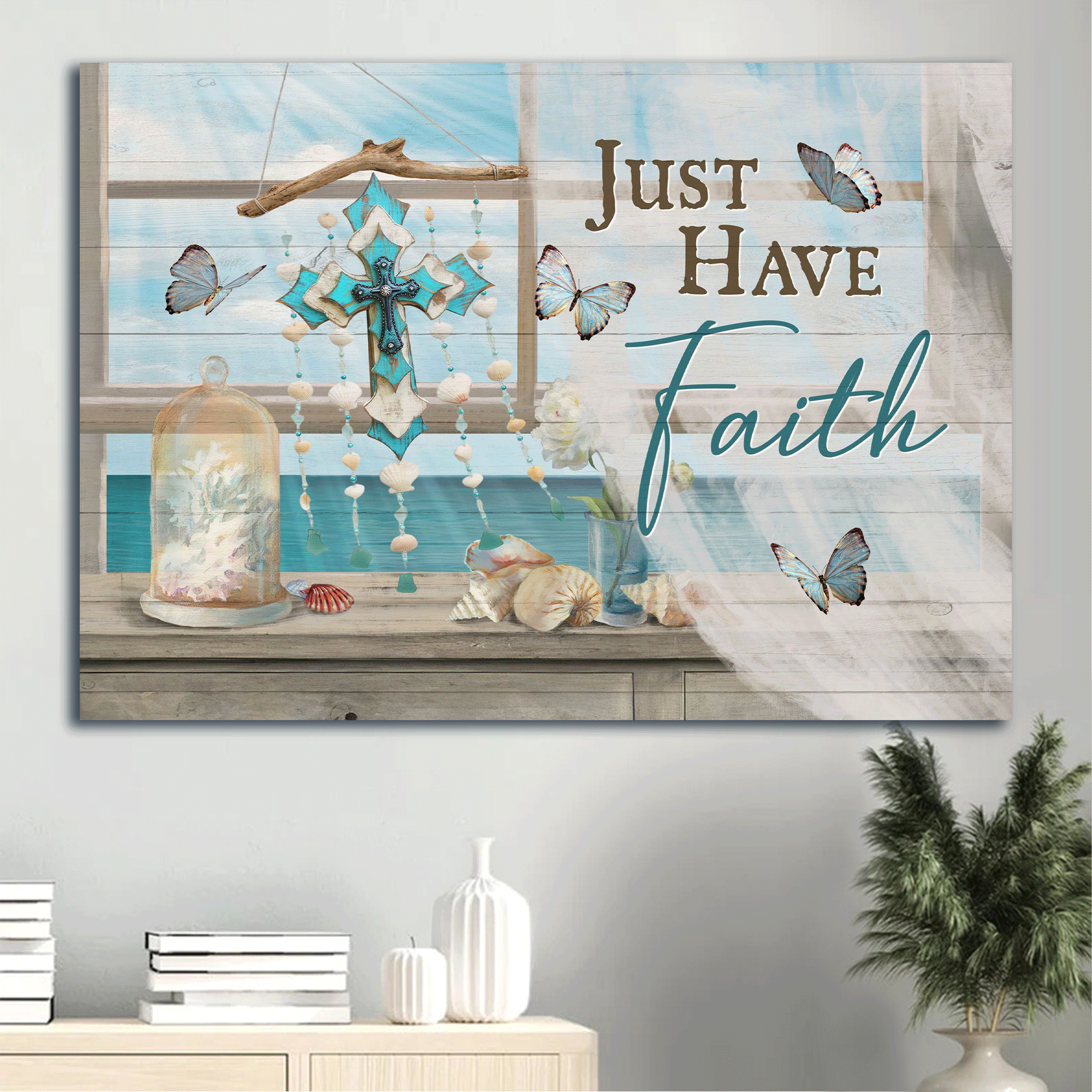 Jesus Landscape Canvas- Deep ocean, Colorful cross, Summer vibe, Blue butterfly canvas- Gift for Christian- Just have faith