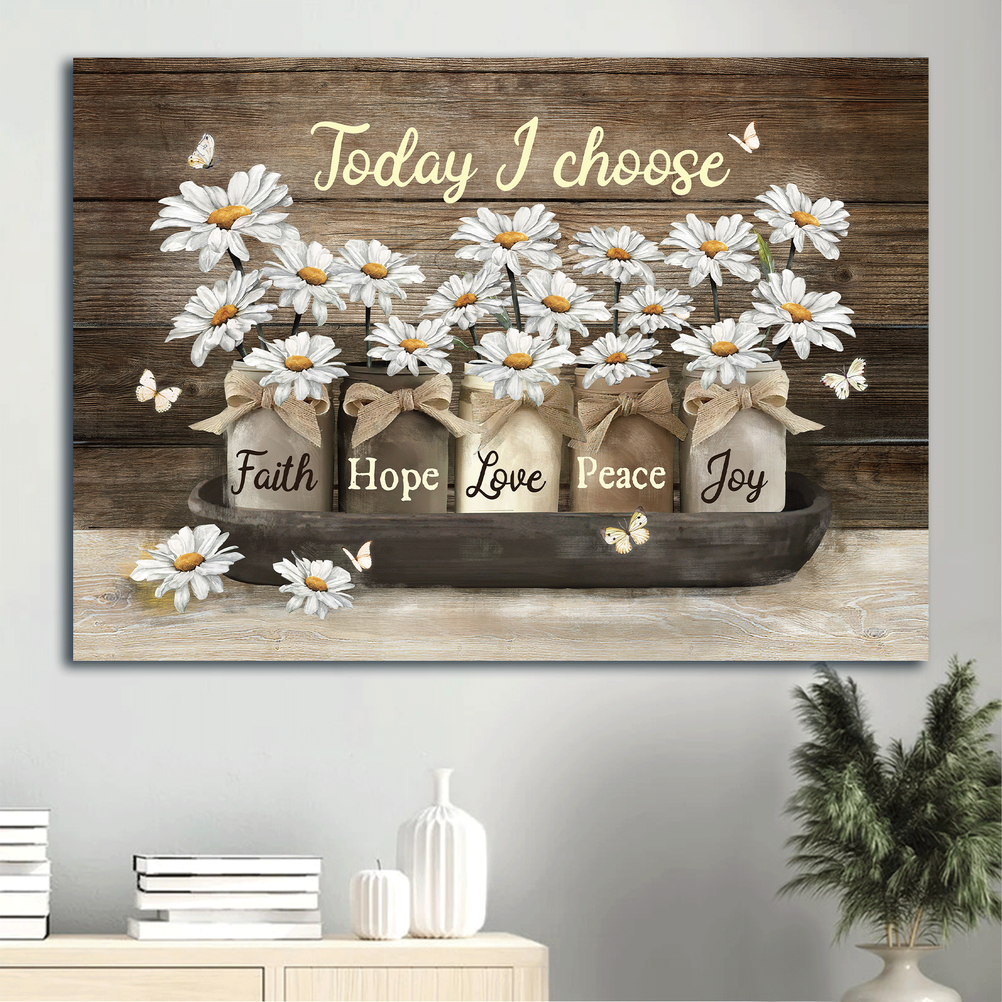 Jesus Landscape Canvas - Vintage Glass Jar, Daisy Flower, Daisy Jar, White Butterfly Canvas - Gift For Christian - Today I Choose Joy Canvas