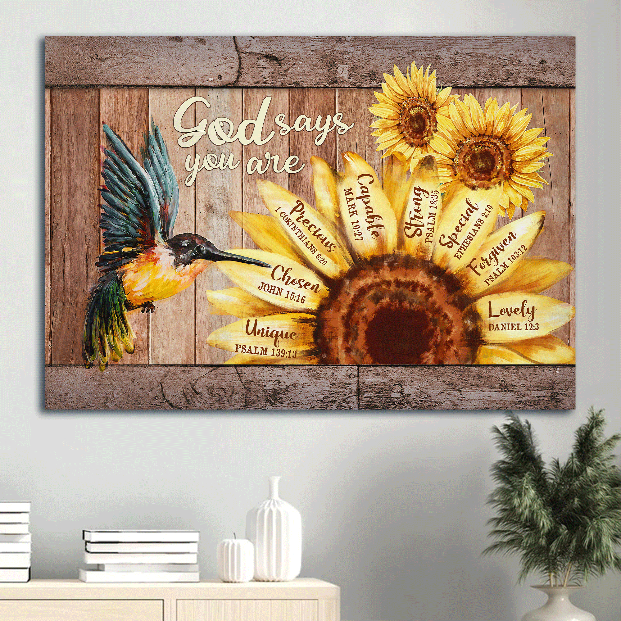 Jesus Landscape Canvas- Beautiful hummingbird, Big sunflower canvas, God says you are canvas- Gift for Christian