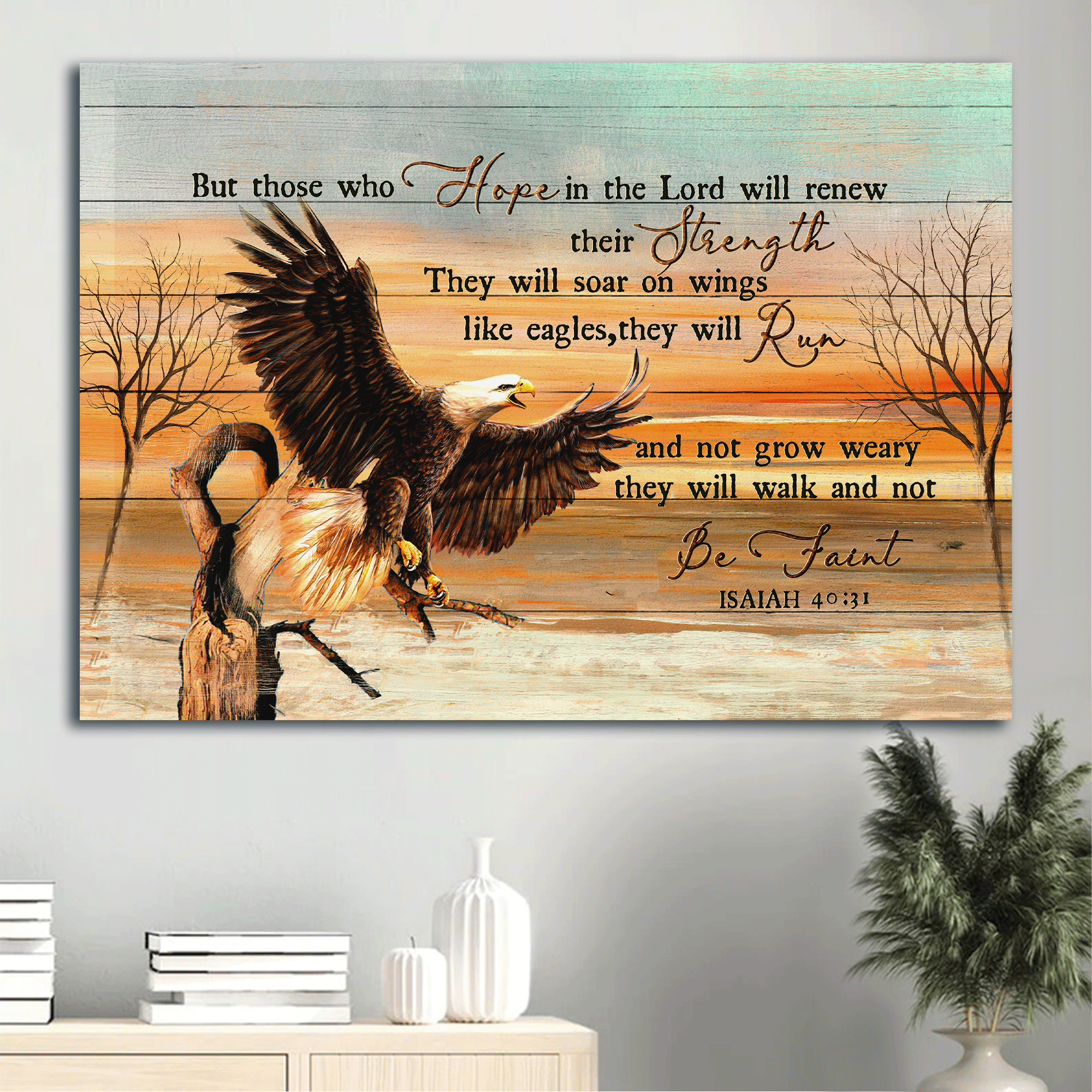 Jesus Landscape Canvas- Awesome Eagle Drawing, Sunset Painting Canvas- Gift For Christian- Those Who Hope In The Lord Will Renew Their Strength