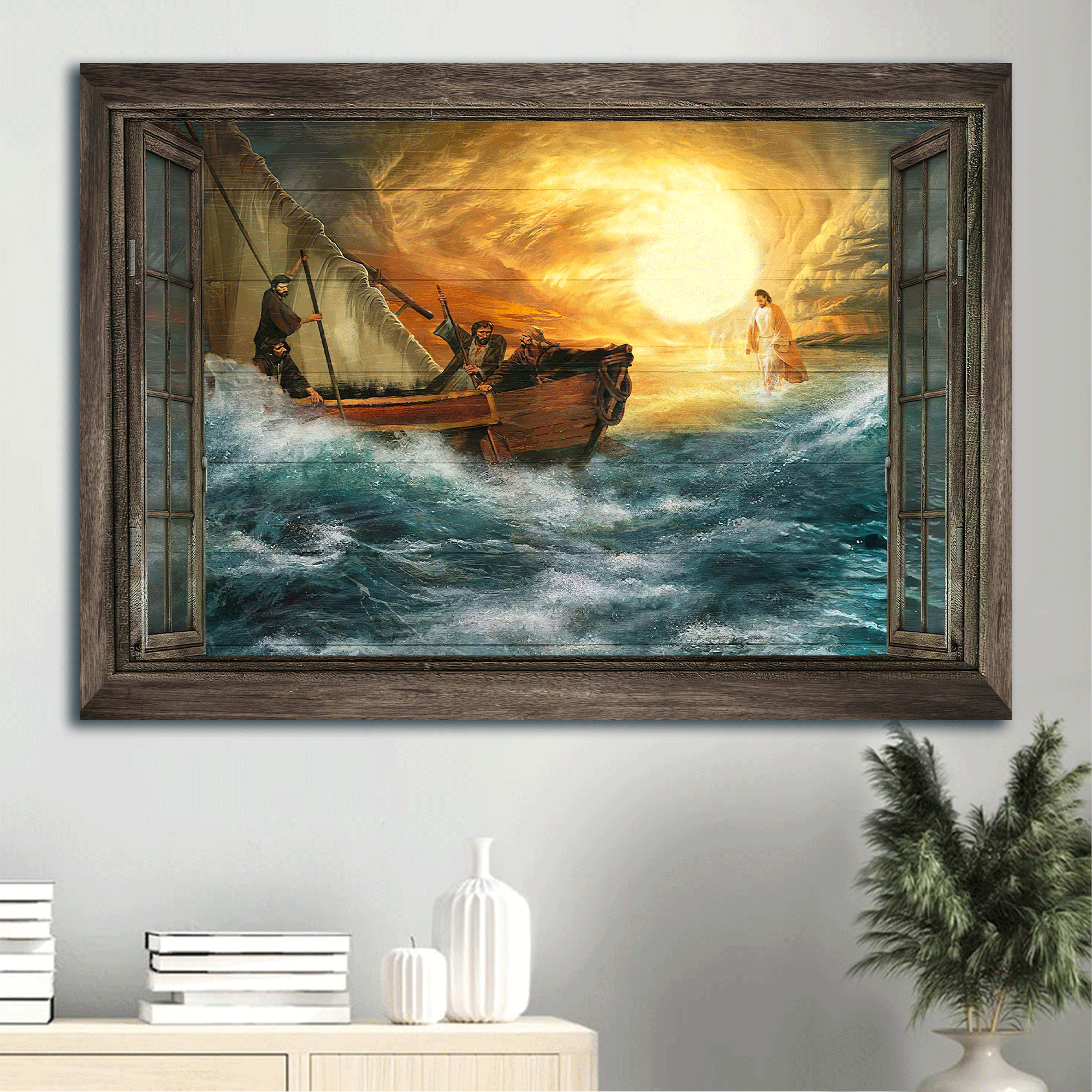 Jesus Landscape Canvas- Blue ocean, Jesus halo, God guides us through storm canvas- Gift for Christian- Landscape Canvas Prints, Wall Art