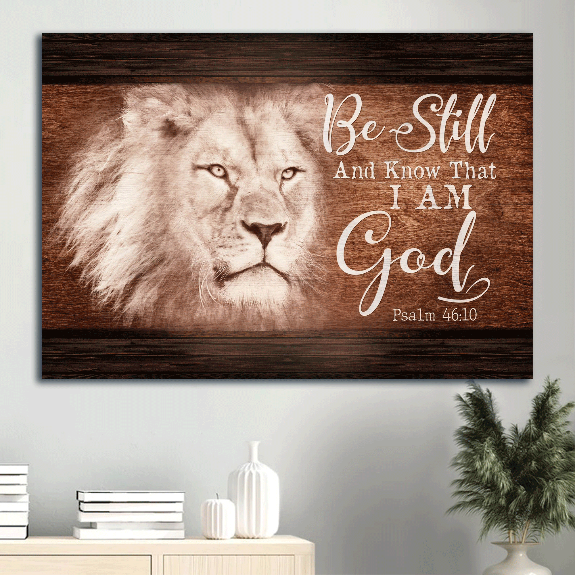 Jesus Landscape Canvas - White Lion, Wooden Background, In Your Eyes Canvas - Gift For Christian - Be Still And Know That I Am God Canvas