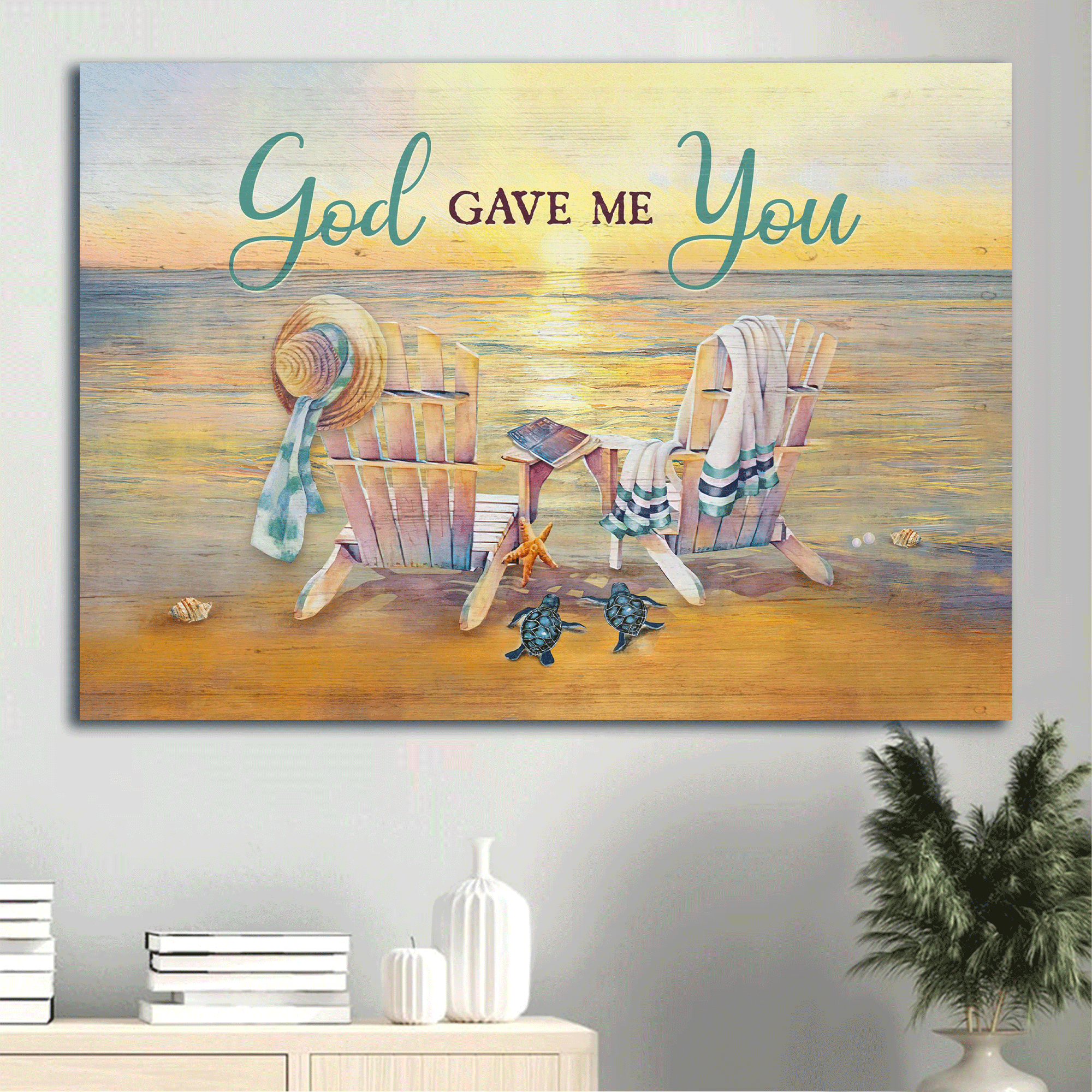 Jesus Landscape Canvas- Beach Painting, Wooden Chair, Couple Sea Turtle Canvas- Gift For Christian- God Gave Me You