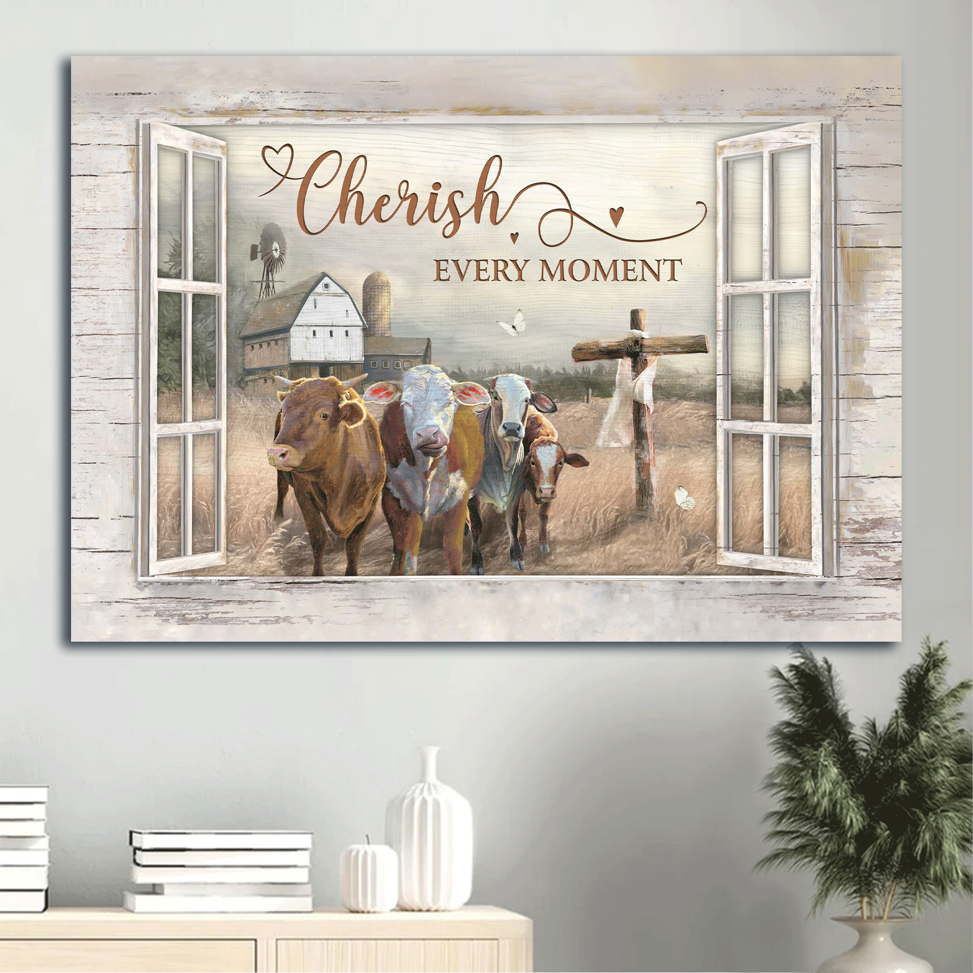 Jesus Landscape Canvas - Window Frame, Barn House Painting, Cows On Field Canvas - Gift For Christian - Cherish Every Moment Canvas