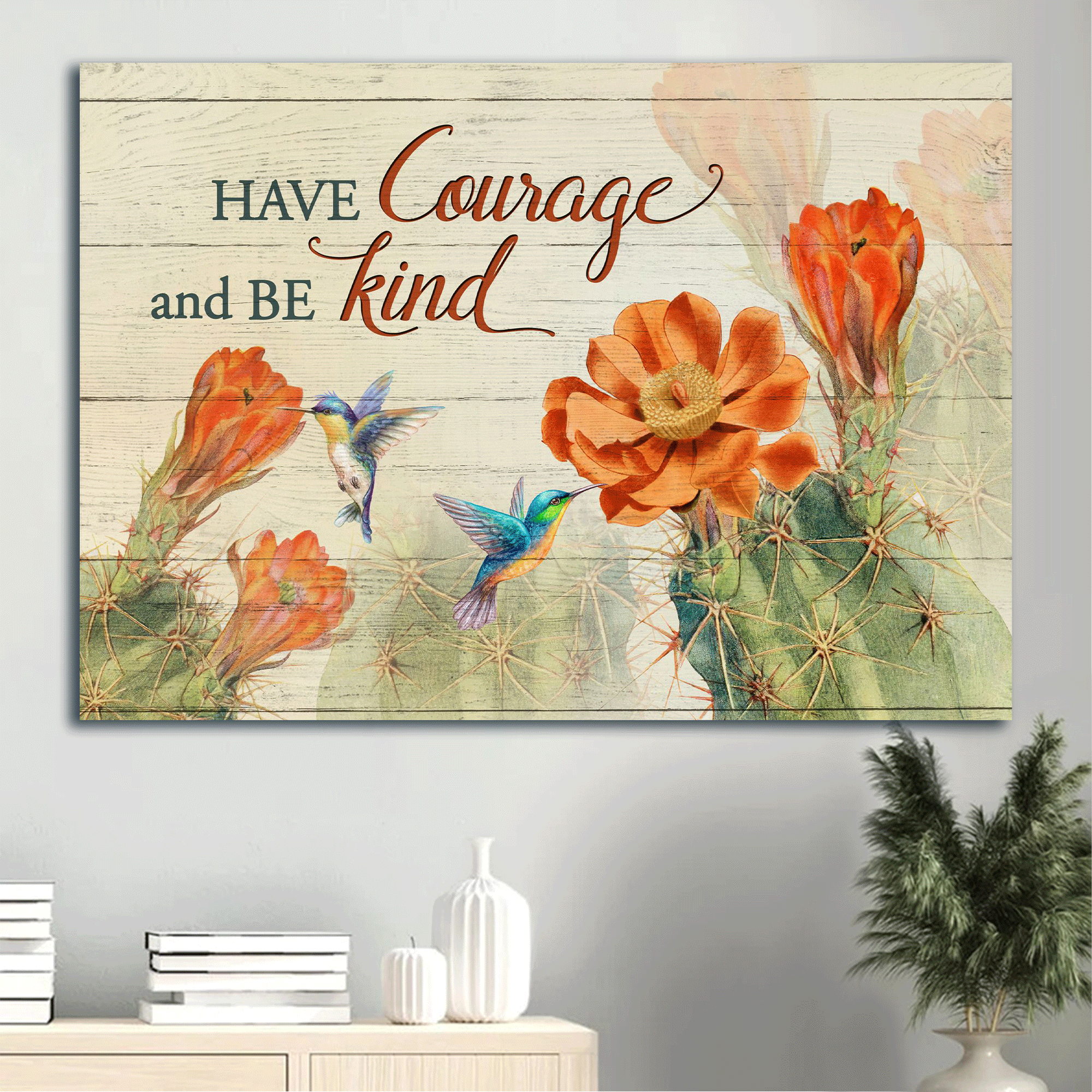 Jesus Landscape Canvas - Orange cactus flower, Hummingbird drawing Landscape Canvas - Gift For Christian - Have courage and be kind Landscape Canvas