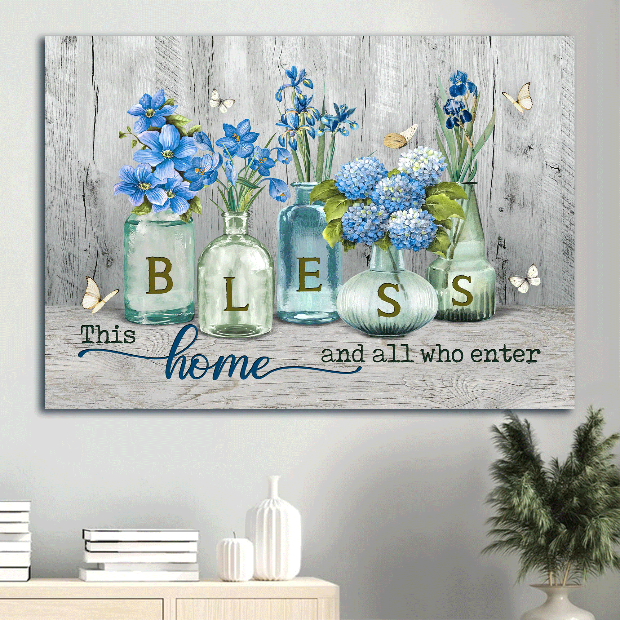 Jesus Landscape Canvas - Blue flower, Pretty hydrangea, Butterfly Landscape Canvas - Gift For Christian - Bless this home and all who enter Landscape Canvas