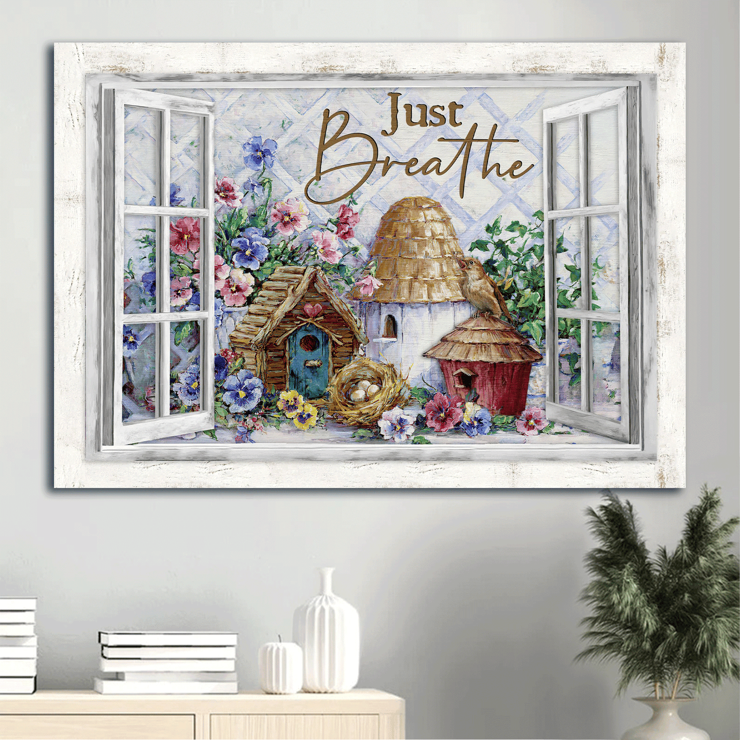 Jesus Landscape Canvas - Little house, Pretty flower garden, White window Landscape Canvas - Gift For Christian - Just breathe Landscape Canvas