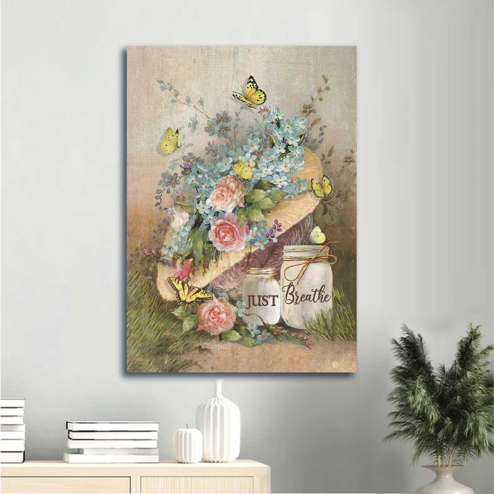 Jesus Portrait Canvas - Pastel flower vase, Yellow butterfly Portrait Canvas - Gift For Christian - Just breathe Portrait Canvas