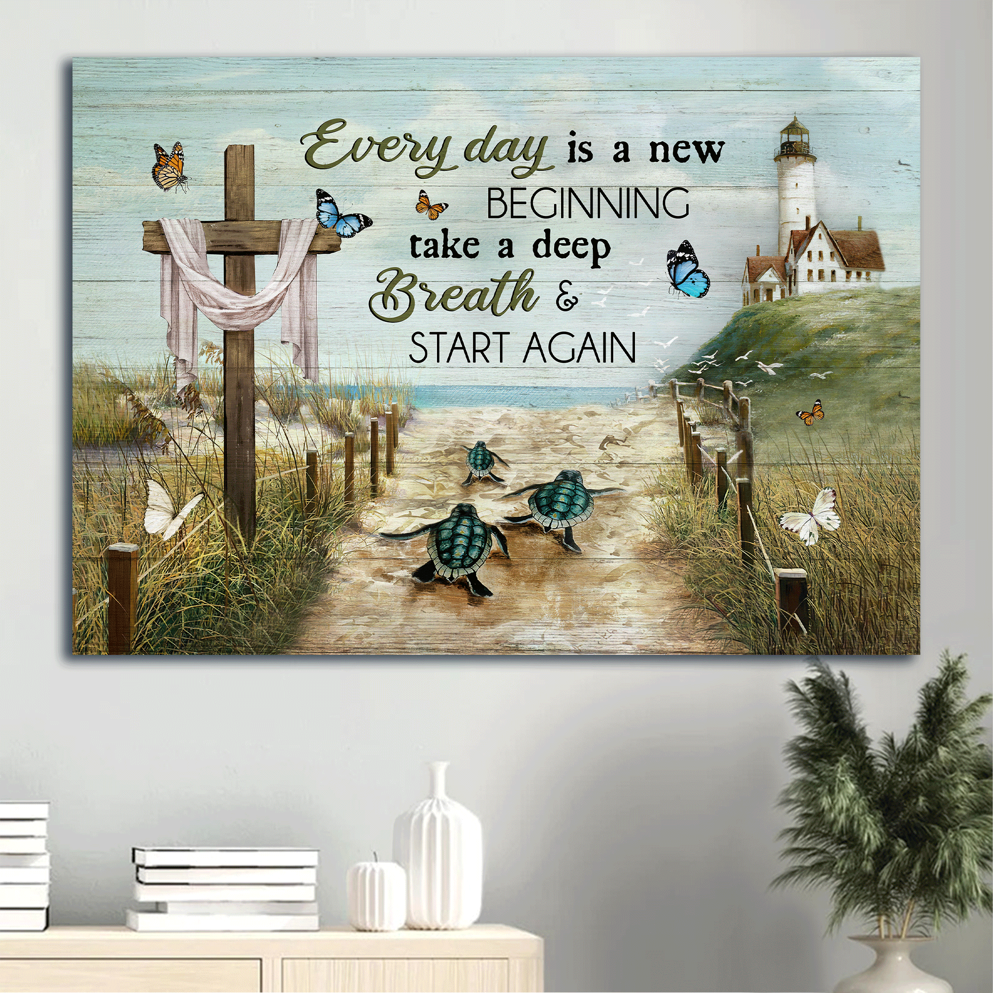 Jesus Landscape Canvas- Beach Sand, Sea Turtle, Lighthouse, Cross Symbol, Colorful Butterfly Canvas- Gift For Christian- Everyday Is A New Beginning